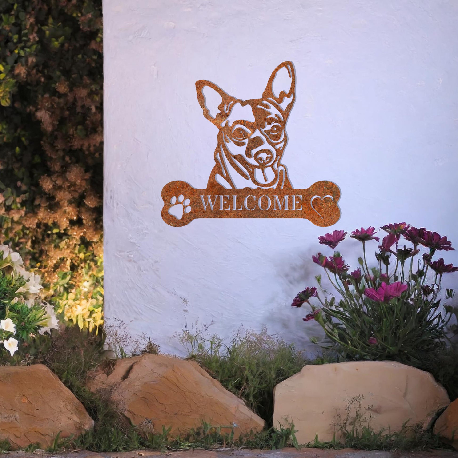 Metal Chihuahua dog design with a bone-shaped 'WELCOME' text and paw prints, perfect for adding a cute and welcoming touch to entryways or outdoor spaces.