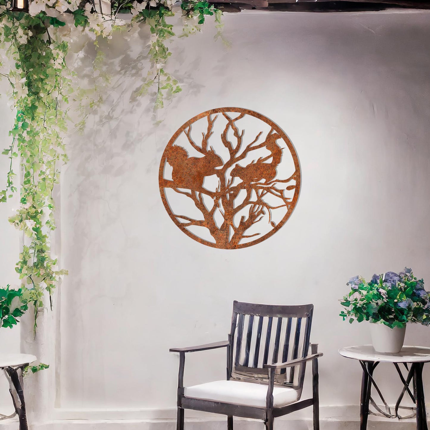 This circular design depicts a detailed silhouette of two squirrels interacting on tree branches. The intricate pattern captures the natural essence of wildlife within the tree, creating a harmonious and visually striking piece for nature enthusiasts.
