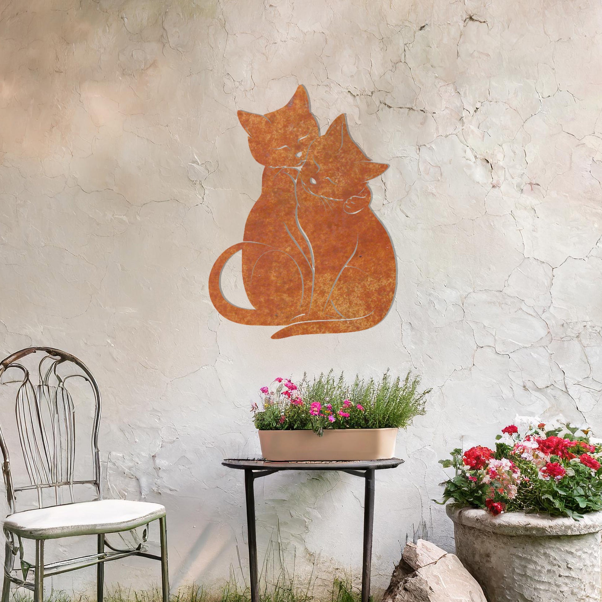 This design showcases two affectionate cats sitting closely together, creating an elegant and heartwarming silhouette. Their graceful posture and intertwined tails evoke a sense of companionship, making this piece perfect for cat lovers.