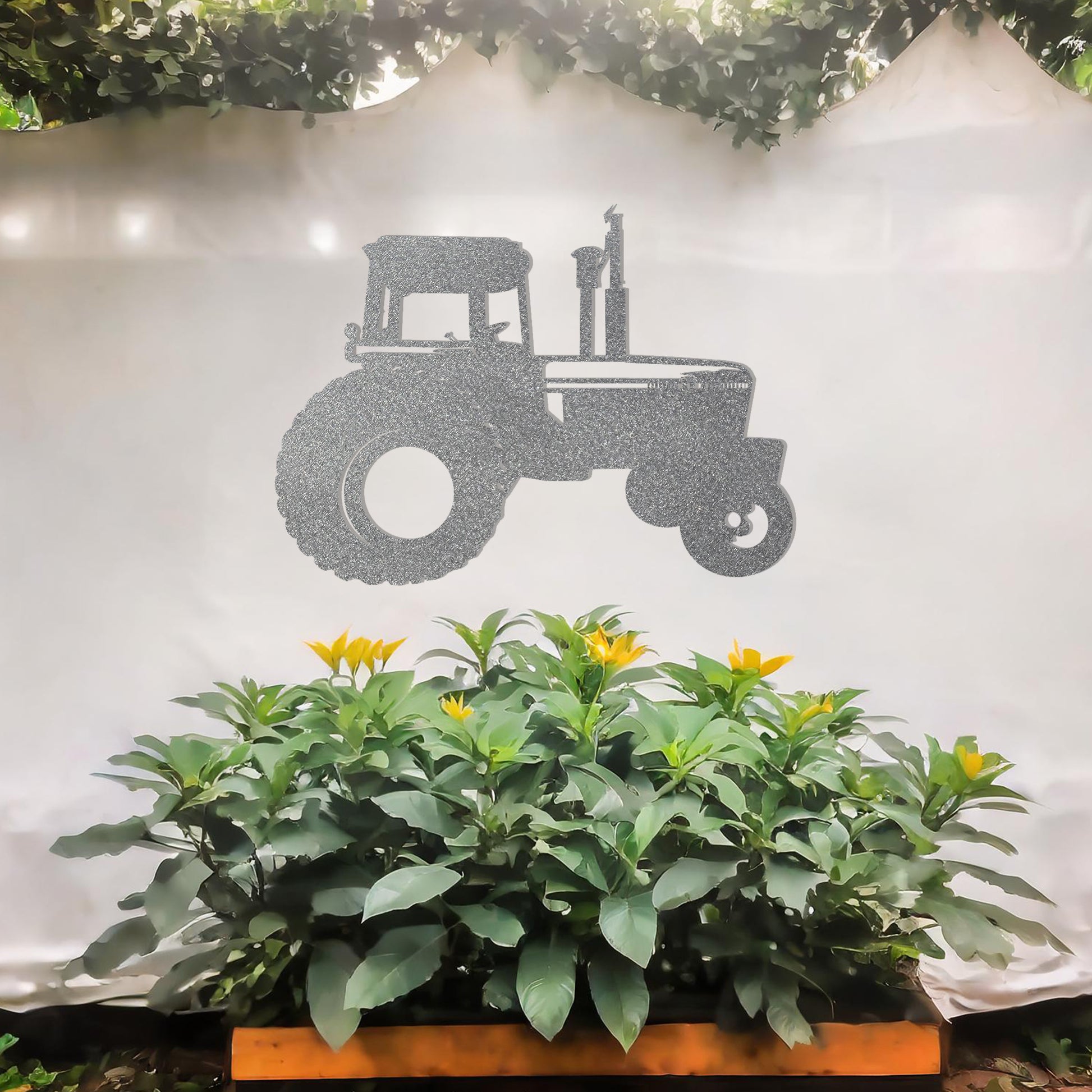 This is a silhouette-style metal wall art design featuring a classic tractor. Perfect for agriculture enthusiasts or as rustic decor for homes or gardens, it adds a touch of countryside charm to any setting.