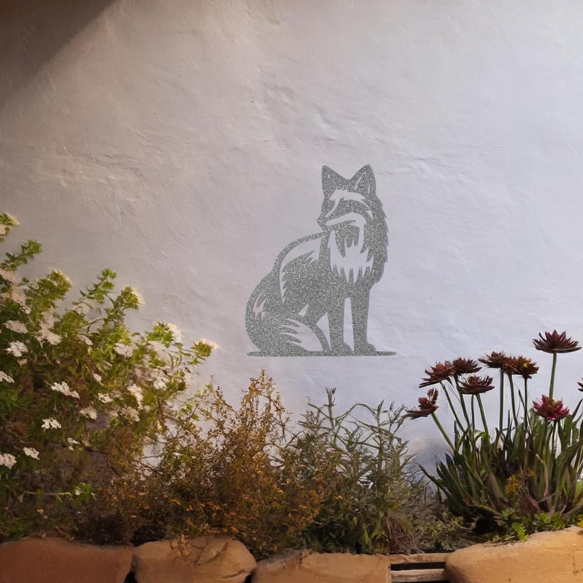 This design features a seated fox with graceful detailing and a poised stance. The intricate line work captures the essence of the fox's fur and its sleek form, making it a stunning decorative piece for any nature-inspired or rustic-themed space.