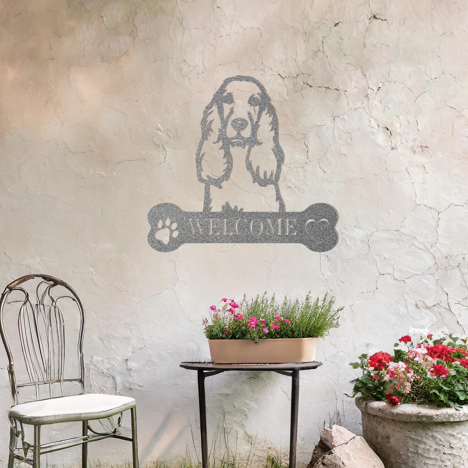 Metal Cocker Spaniel design with a bone-shaped 'WELCOME' text and paw prints, perfect for adding a friendly and welcoming touch to entryways or outdoor spaces
