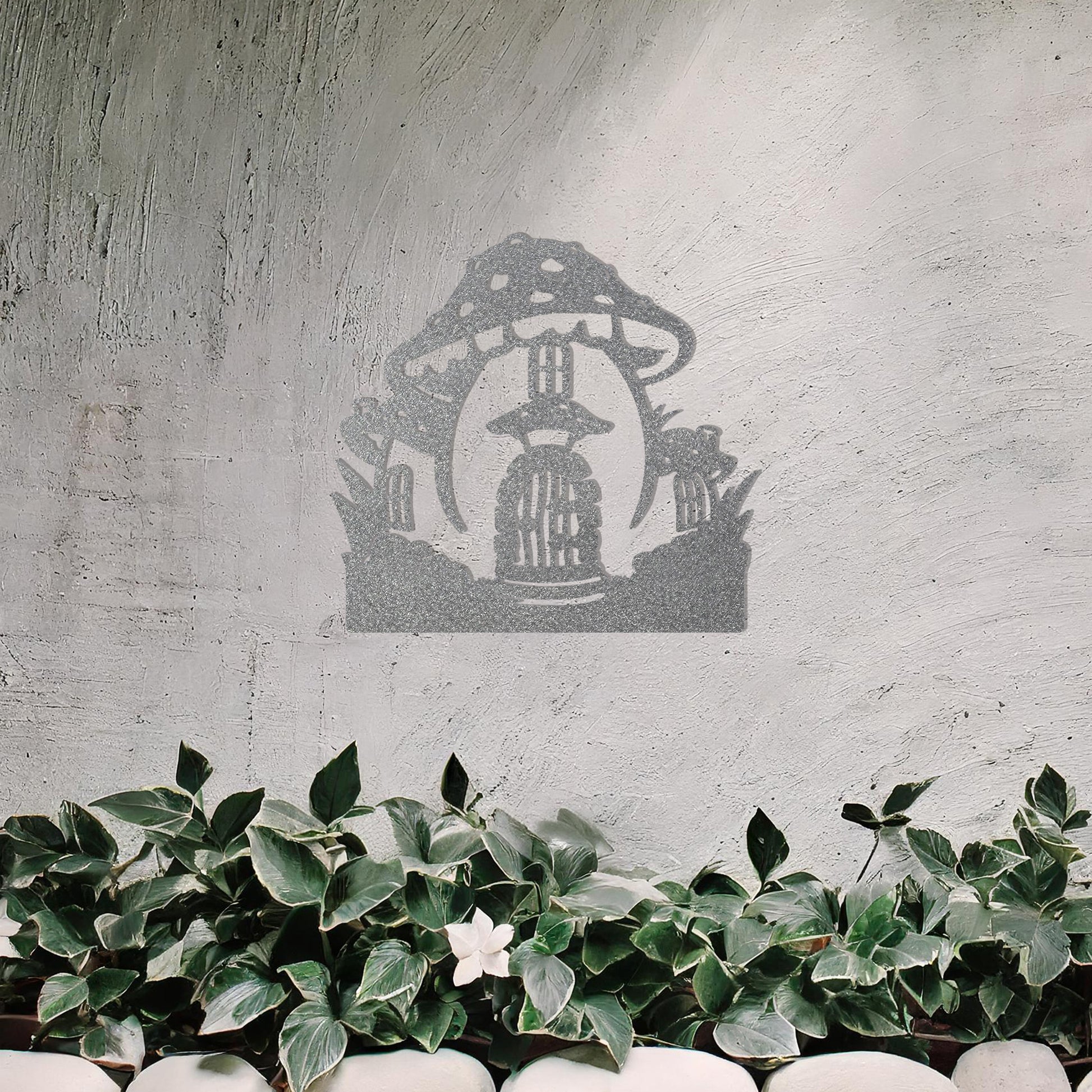 Metal garden decoration featuring a whimsical mushroom house design with intricate windows, a detailed door, and playful accents, adding a touch of fairy-tale charm and creativity to outdoor spaces.
