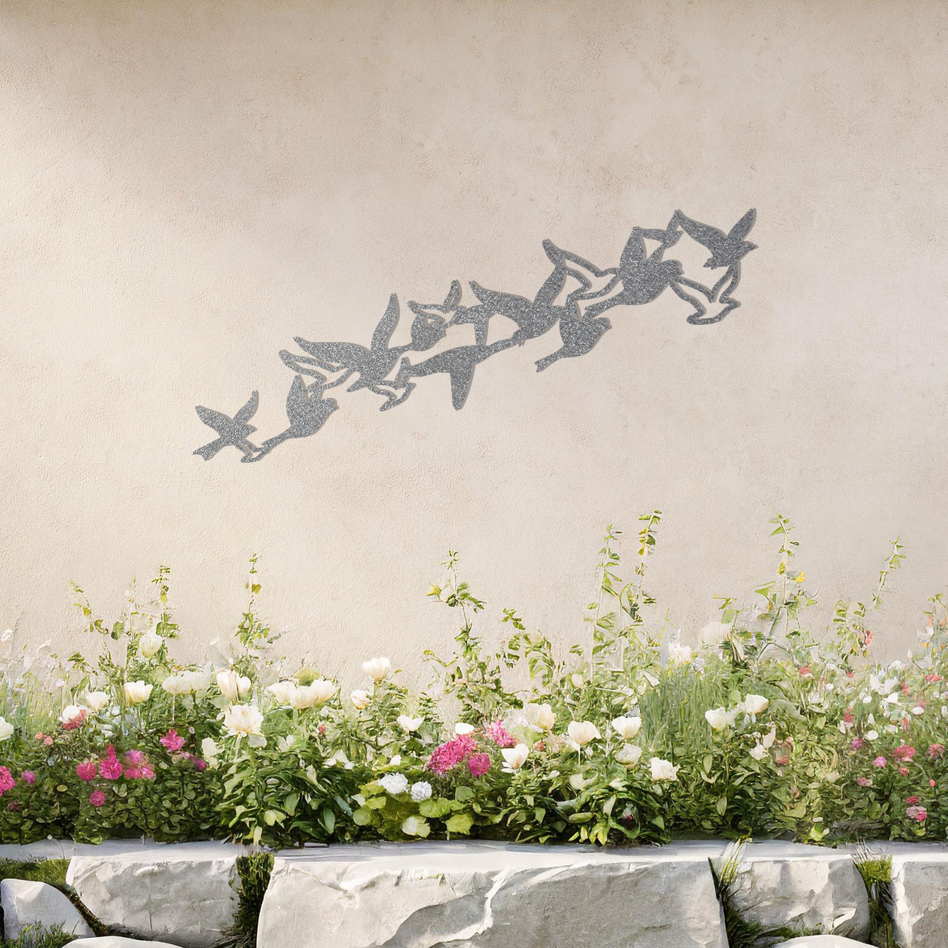 This design features a flock of birds in graceful flight, arranged dynamically to create a sense of motion and freedom. The minimalist silhouette adds an elegant touch, perfect for enhancing any wall space with a nature-inspired aesthetic.