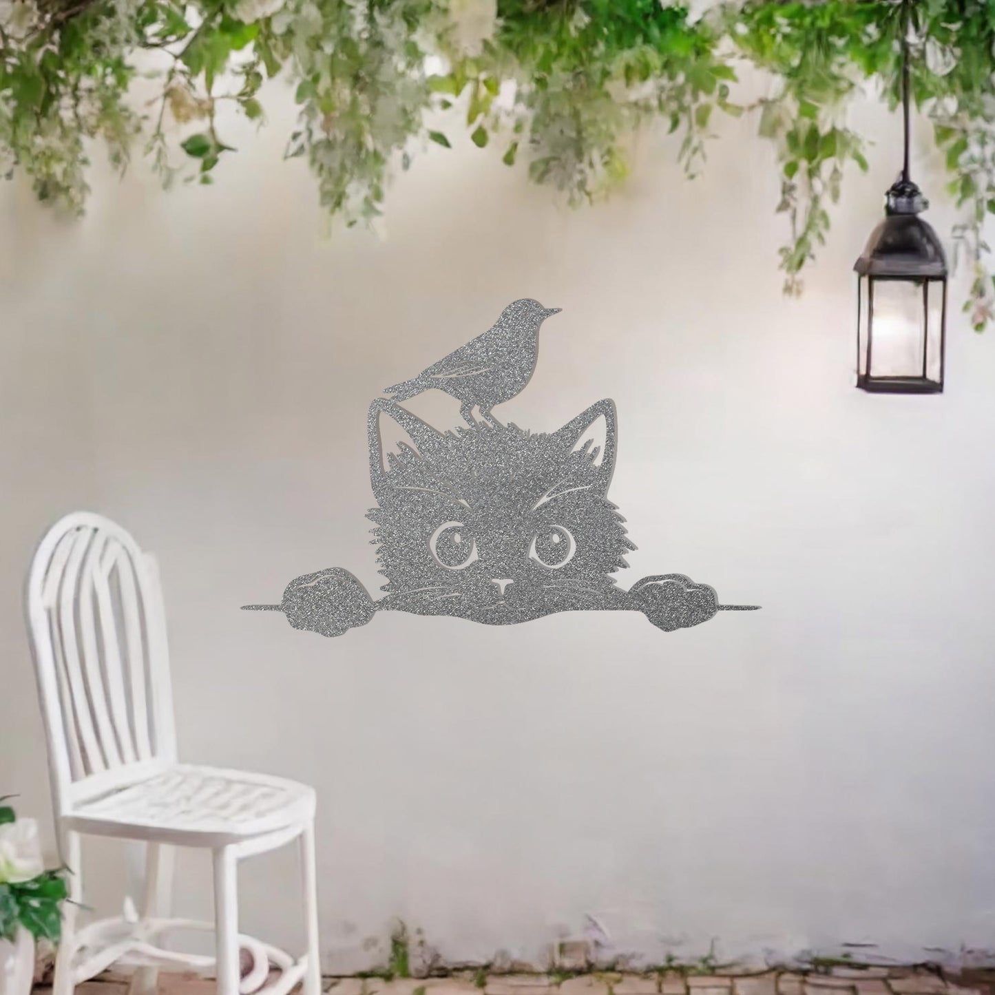 This is a charming and playful metal wall art design featuring a curious cat peeking over a fence, with a bird sitting atop its head. It brings a whimsical and fun element to any space, perfect for animal lovers and nature-themed decor.
