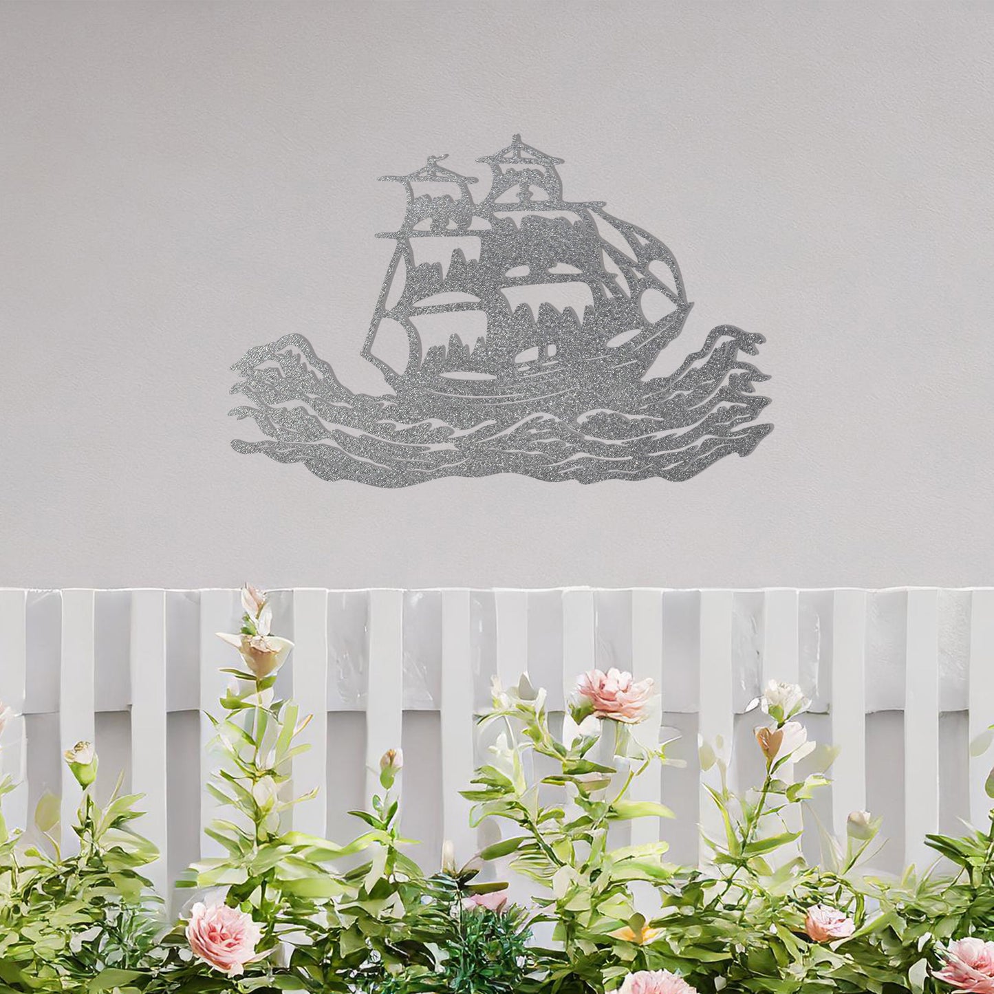 This design features an elegant silhouette of a sailing ship braving dynamic ocean waves, capturing a sense of adventure and exploration. The intricate details of the ship's sails and rigging make it a striking and timeless piece of decor.