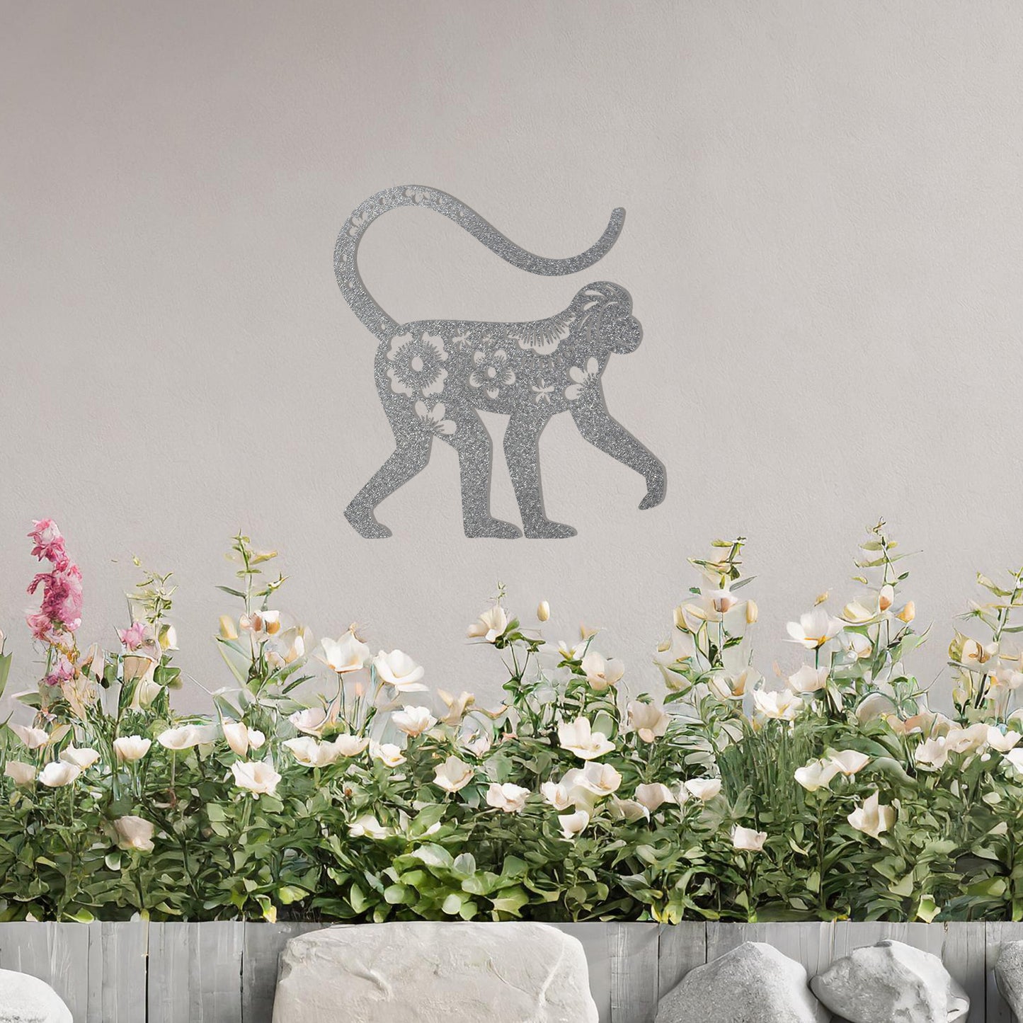 This design showcases a playful monkey adorned with floral patterns and intricate details. The artistic use of flowers and decorative elements within the silhouette gives the piece a whimsical and elegant charm, perfect for enhancing indoor or outdoor settings with a tropical or exotic theme.