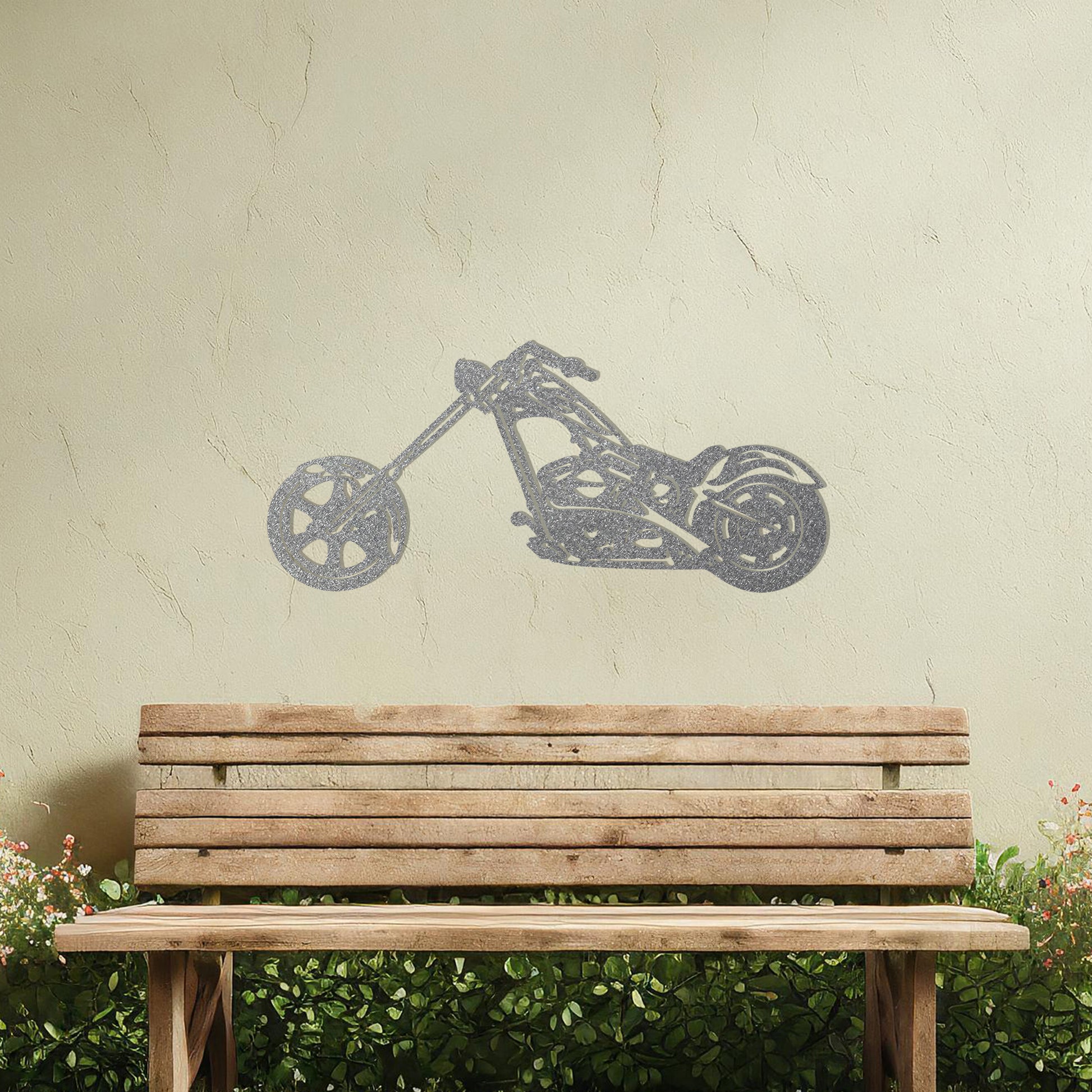 This design features a sleek and detailed silhouette of a chopper motorcycle, highlighting its distinct long handlebars and low frame. A bold and stylish piece of wall art, perfect for motorbike enthusiasts or adding a rugged vibe to any space.