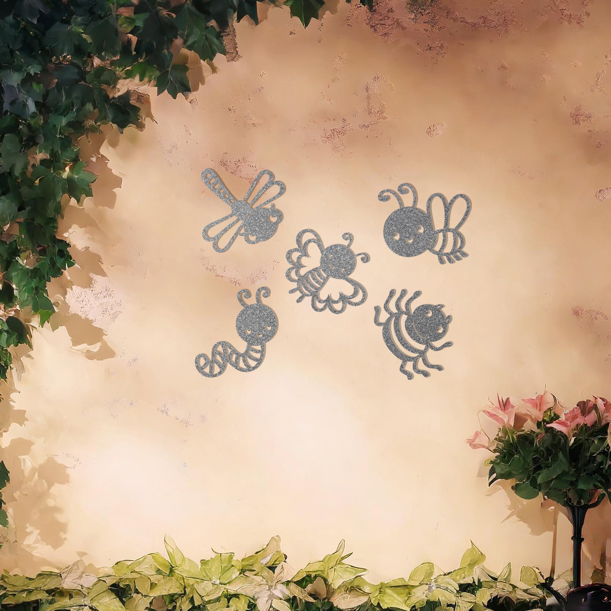 This delightful design set features a collection of cute insects, including a dragonfly, butterfly, bee, caterpillar, and spider, each crafted with whimsical details and playful expressions. Perfect for adding a cheerful, nature-inspired touch to any space.