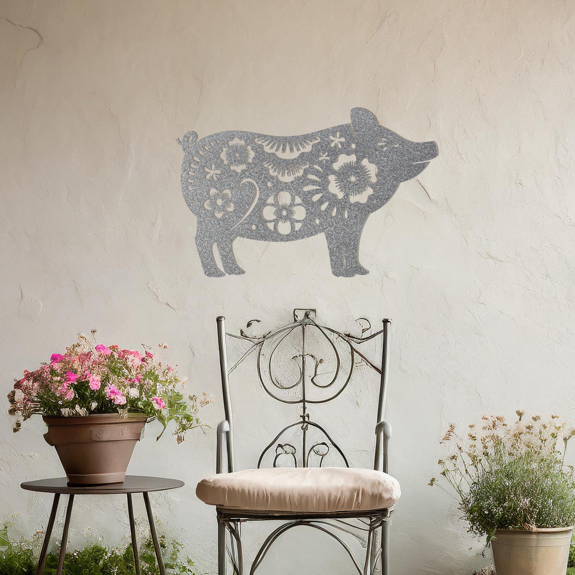 This design features a charming pig silhouette adorned with delicate floral patterns and intricate decorative details. The whimsical style of the artwork makes it a delightful addition to spaces looking for a playful yet artistic element. Perfect for rustic or countryside-inspired settings.