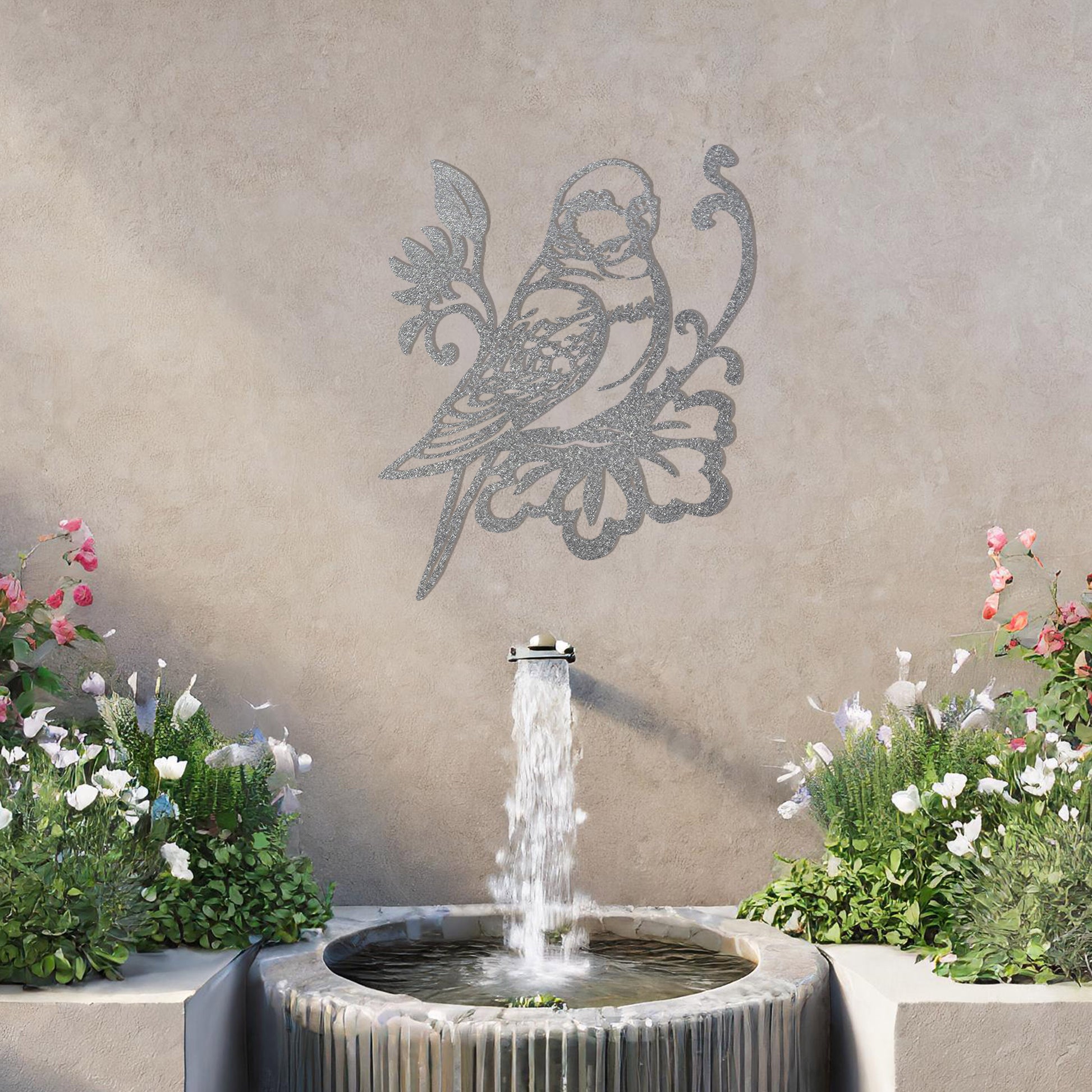 This image features a beautifully designed parrot perched on a floral motif. The bird's detailed feathers and the intricate floral elements create a graceful, organic feel. This would make an elegant and peaceful addition to any space.