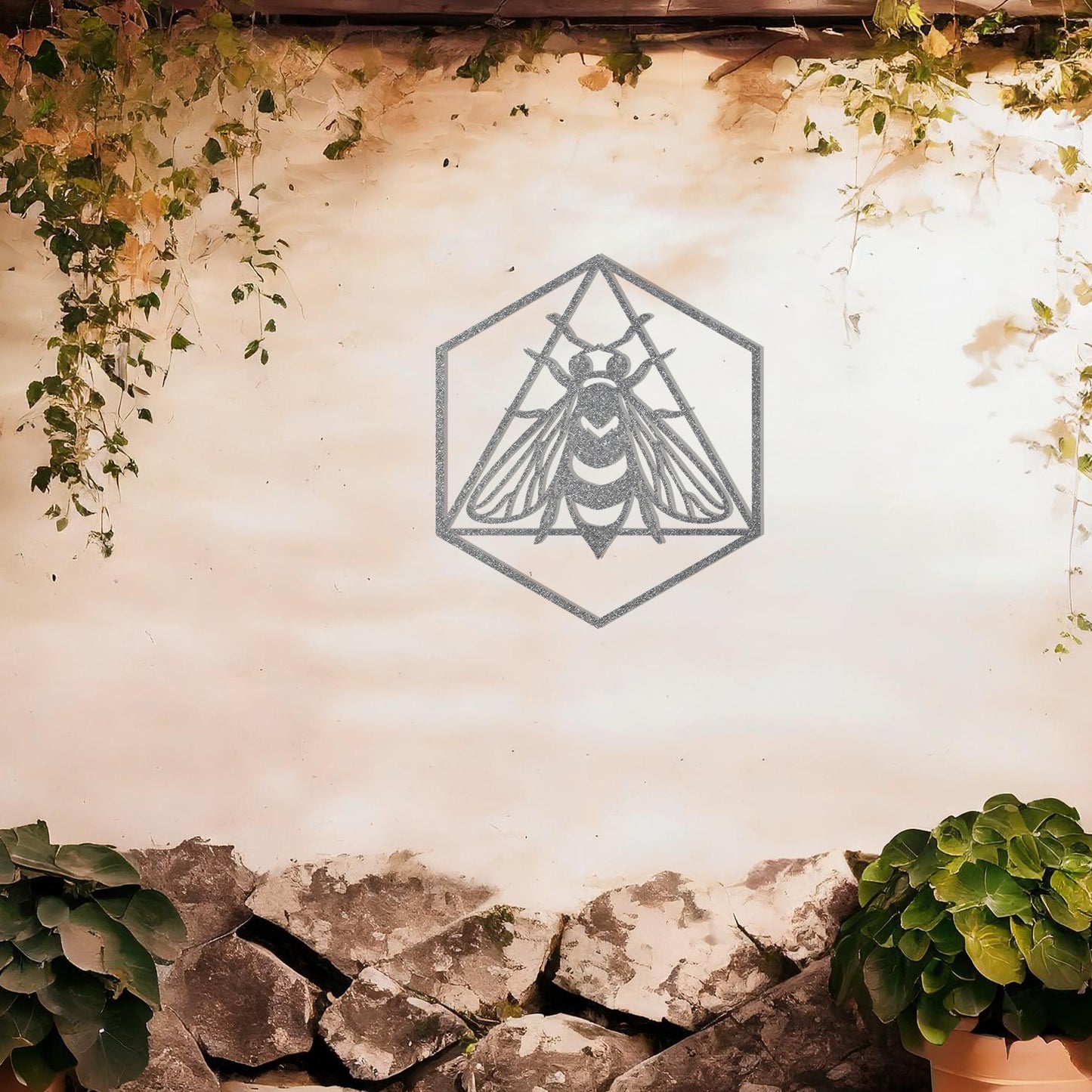 This design features a geometric hexagonal frame encasing a detailed bee motif, symbolising industriousness and nature's harmony. A modern yet naturalistic artwork, perfect for adding a stylish touch to any interior or exterior space.
