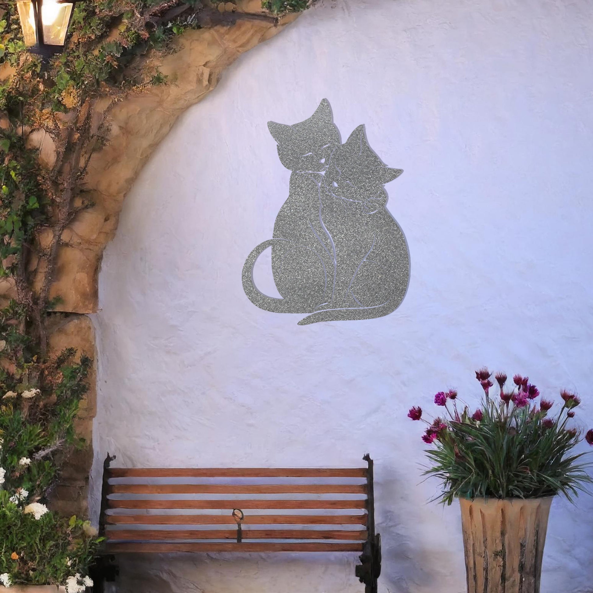 This design showcases two affectionate cats sitting closely together, creating an elegant and heartwarming silhouette. Their graceful posture and intertwined tails evoke a sense of companionship, making this piece perfect for cat lovers.