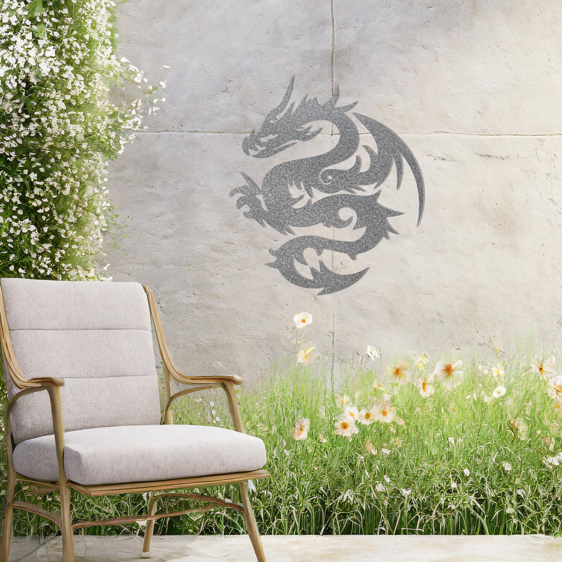 A bold metal wall art design featuring a stylised dragon in a dynamic pose, showcasing intricate curves and sharp details that capture its fierce and mythical essence.