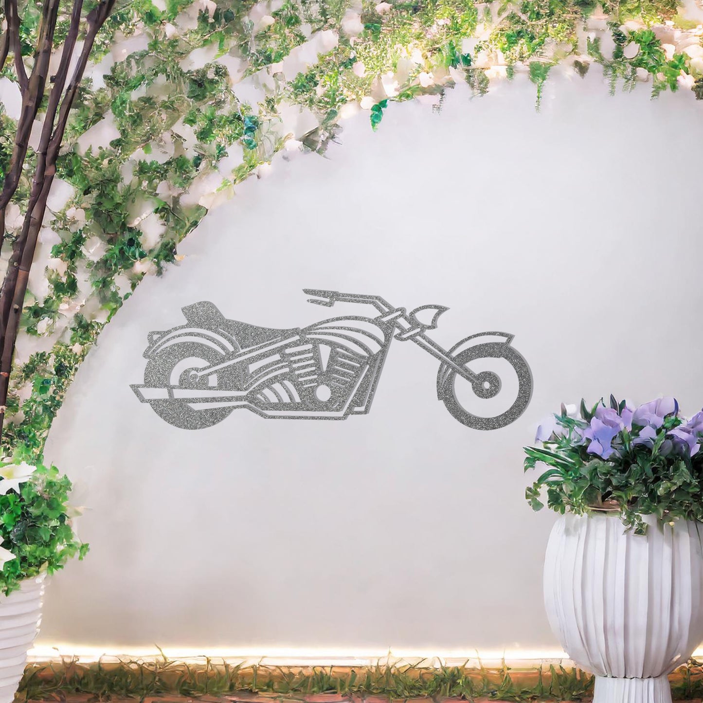 This design features a detailed motorcycle silhouette with sleek curves and dynamic lines, capturing the essence of freedom and adventure. A bold and striking wall art piece for motorbike enthusiasts.