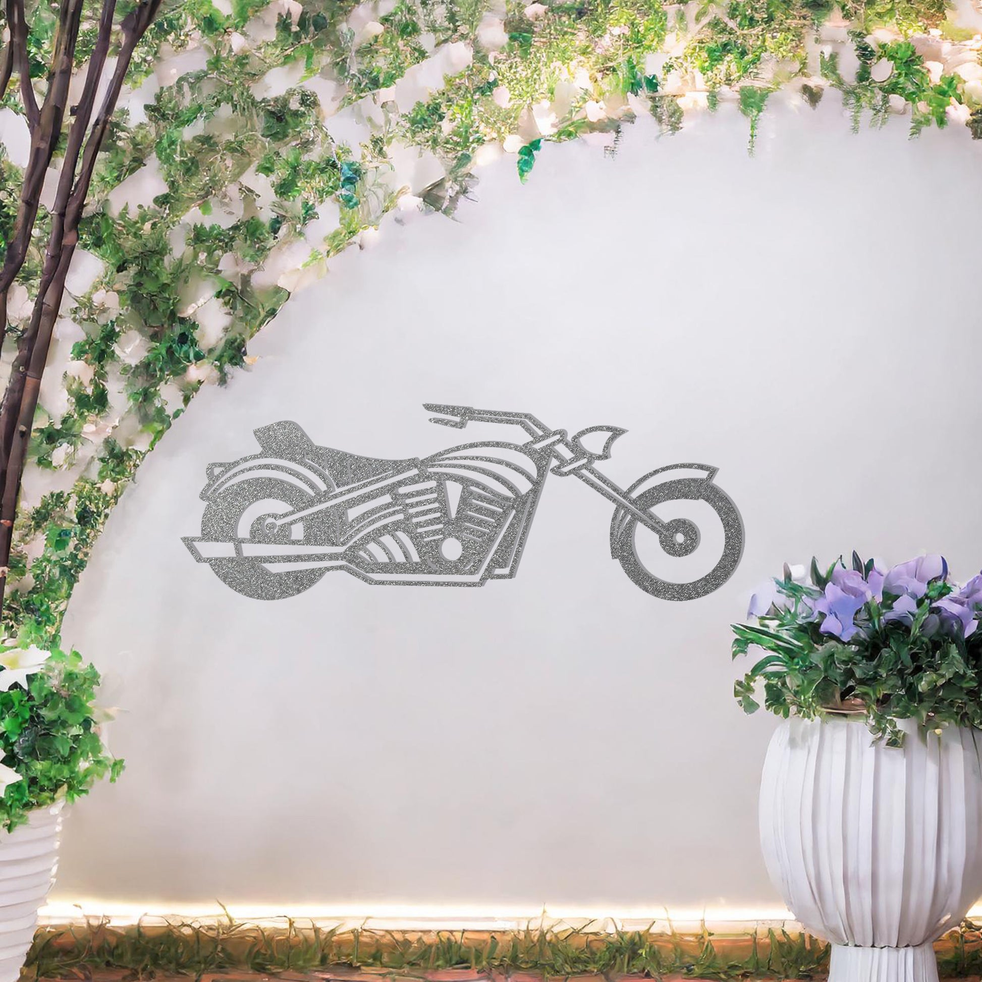 This design features a detailed motorcycle silhouette with sleek curves and dynamic lines, capturing the essence of freedom and adventure. A bold and striking wall art piece for motorbike enthusiasts.