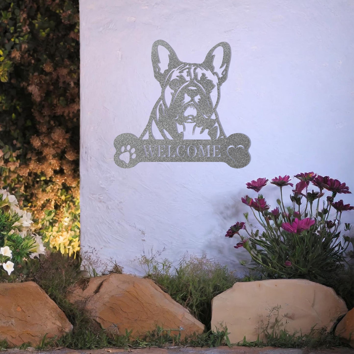 Metal French Bulldog design with a bone-shaped 'WELCOME' text and paw prints, perfect for adding a charming and welcoming touch to entryways or outdoor spaces.