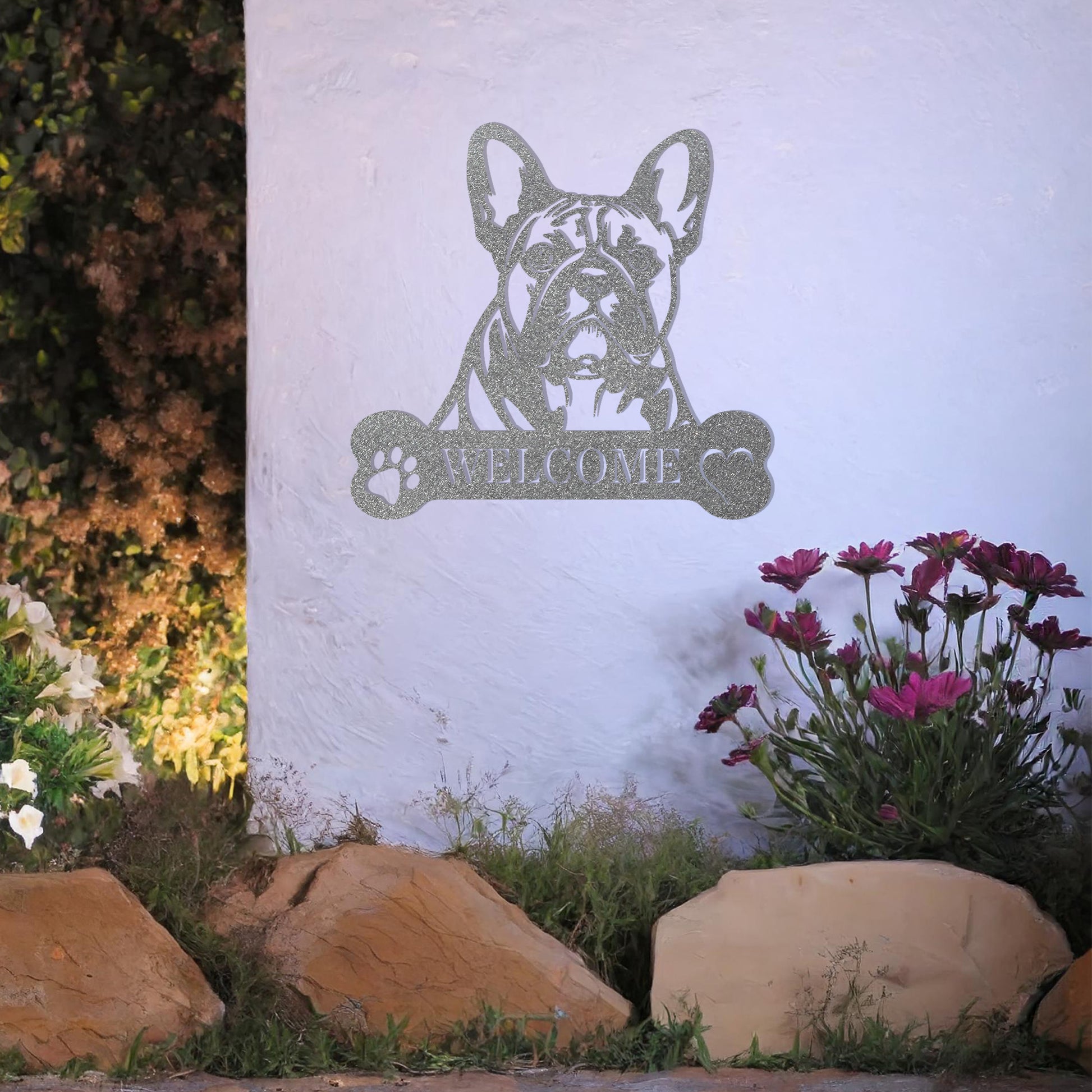 Metal French Bulldog design with a bone-shaped 'WELCOME' text and paw prints, perfect for adding a charming and welcoming touch to entryways or outdoor spaces.