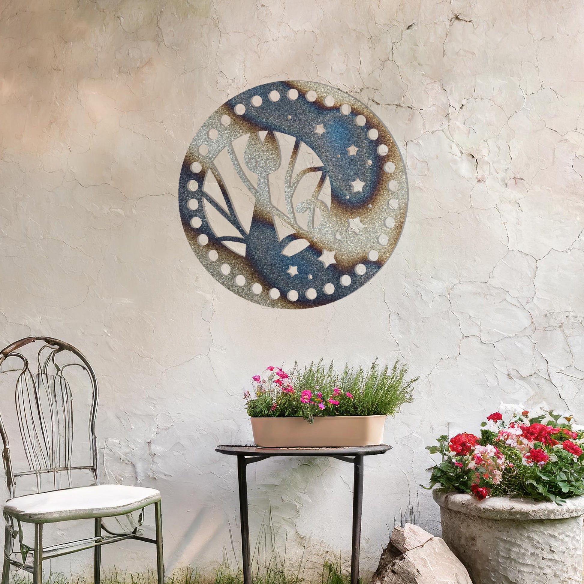 This artwork showcases a circular design featuring a sleek cat silhouette surrounded by stars and curved elements, giving a celestial and whimsical touch. The detailed frame adds a decorative flair, making it perfect for enhancing any wall space.
