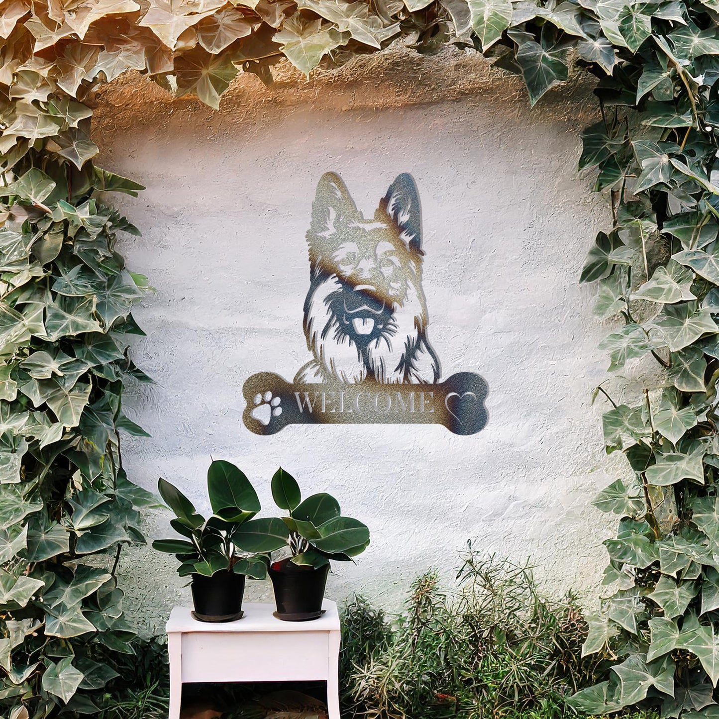 Metal German Shepherd dog design with a bone-shaped 'WELCOME' text and paw prints, perfect for adding a strong and welcoming touch to entryways or outdoor spaces.