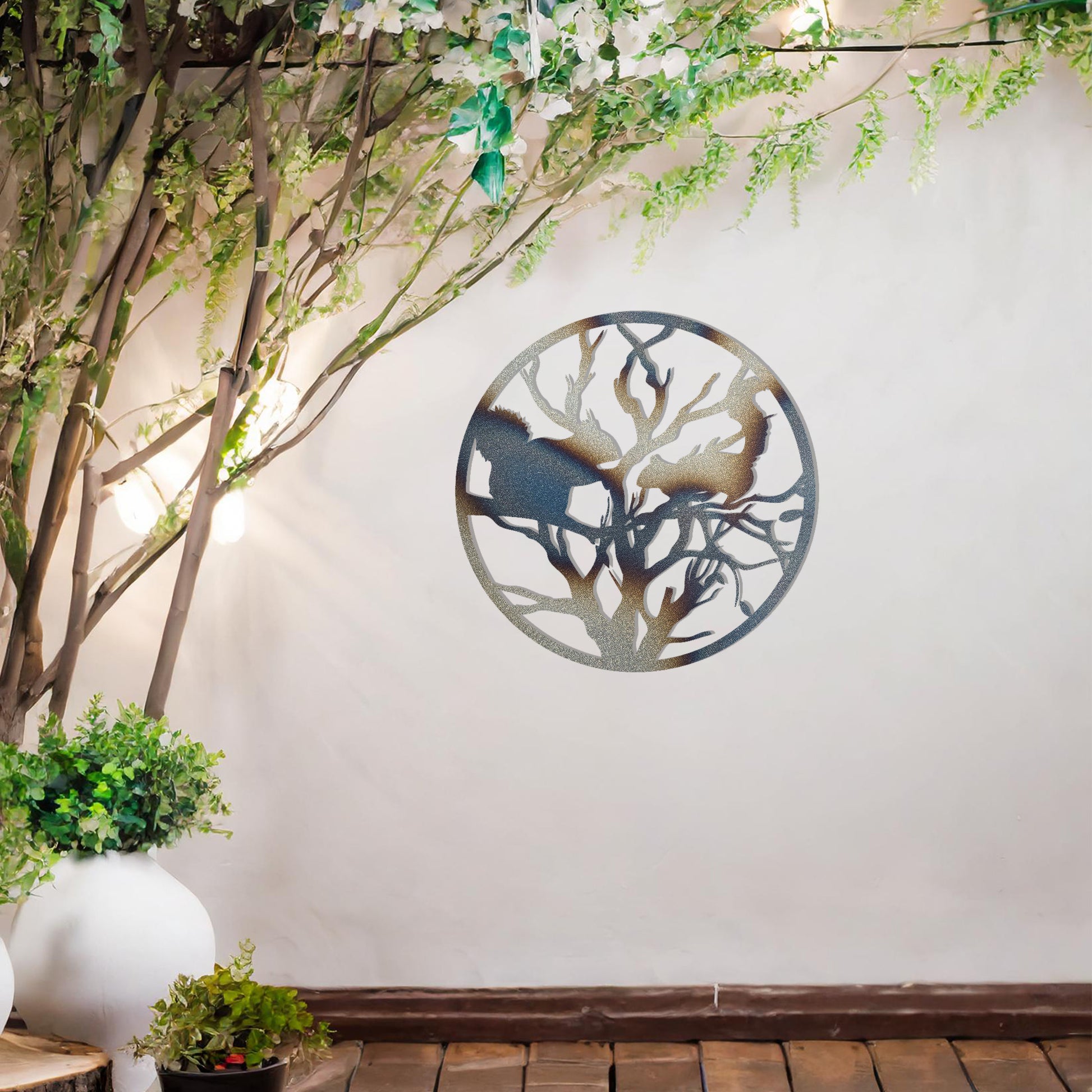 This circular design depicts a detailed silhouette of two squirrels interacting on tree branches. The intricate pattern captures the natural essence of wildlife within the tree, creating a harmonious and visually striking piece for nature enthusiasts.