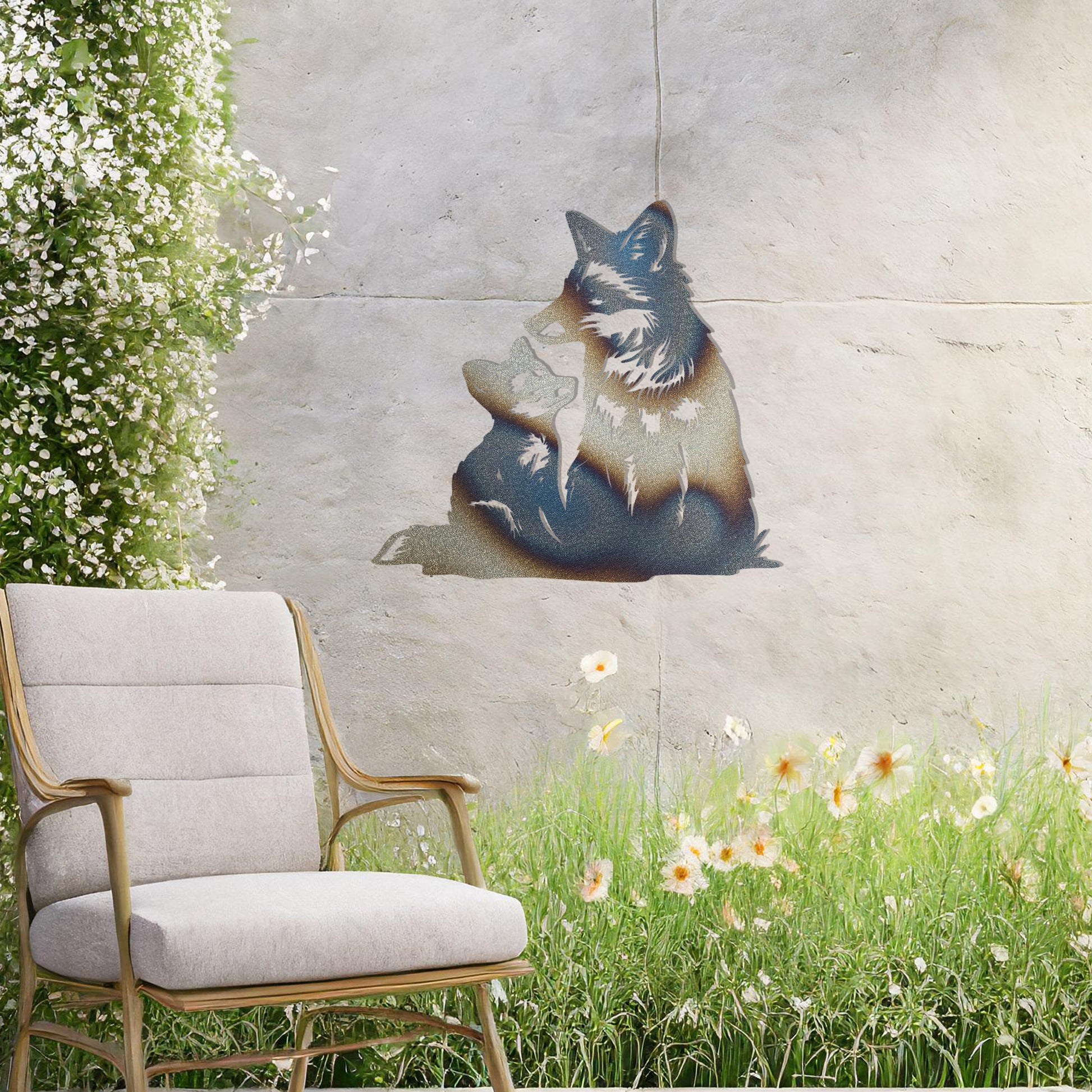 This design features a heartwarming depiction of a parent fox and its cub sharing an intimate moment. The intricate detailing captures the tender connection between them, making it a charming and expressive addition to any space.