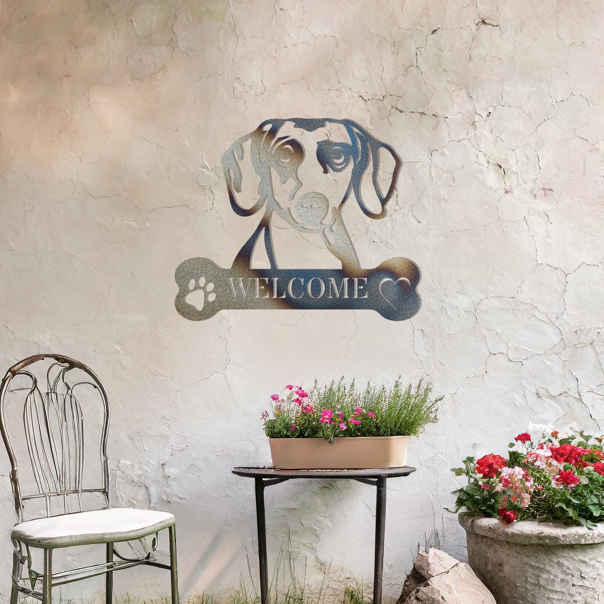 Metal Dachshund dog design with a bone-shaped 'WELCOME' text and paw prints, perfect for adding a charming and welcoming touch to entryways or outdoor spaces.
