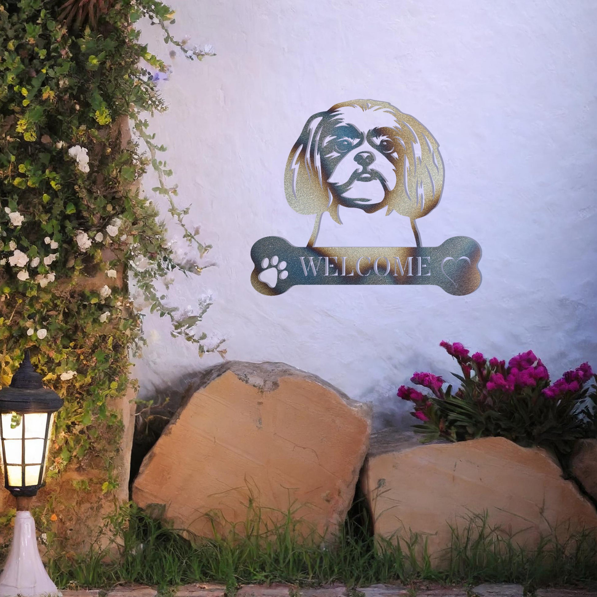 Metal Shih Tzu dog design with a bone-shaped 'WELCOME' text and paw prints, perfect for adding a charming and welcoming touch to entryways or outdoor spaces.
