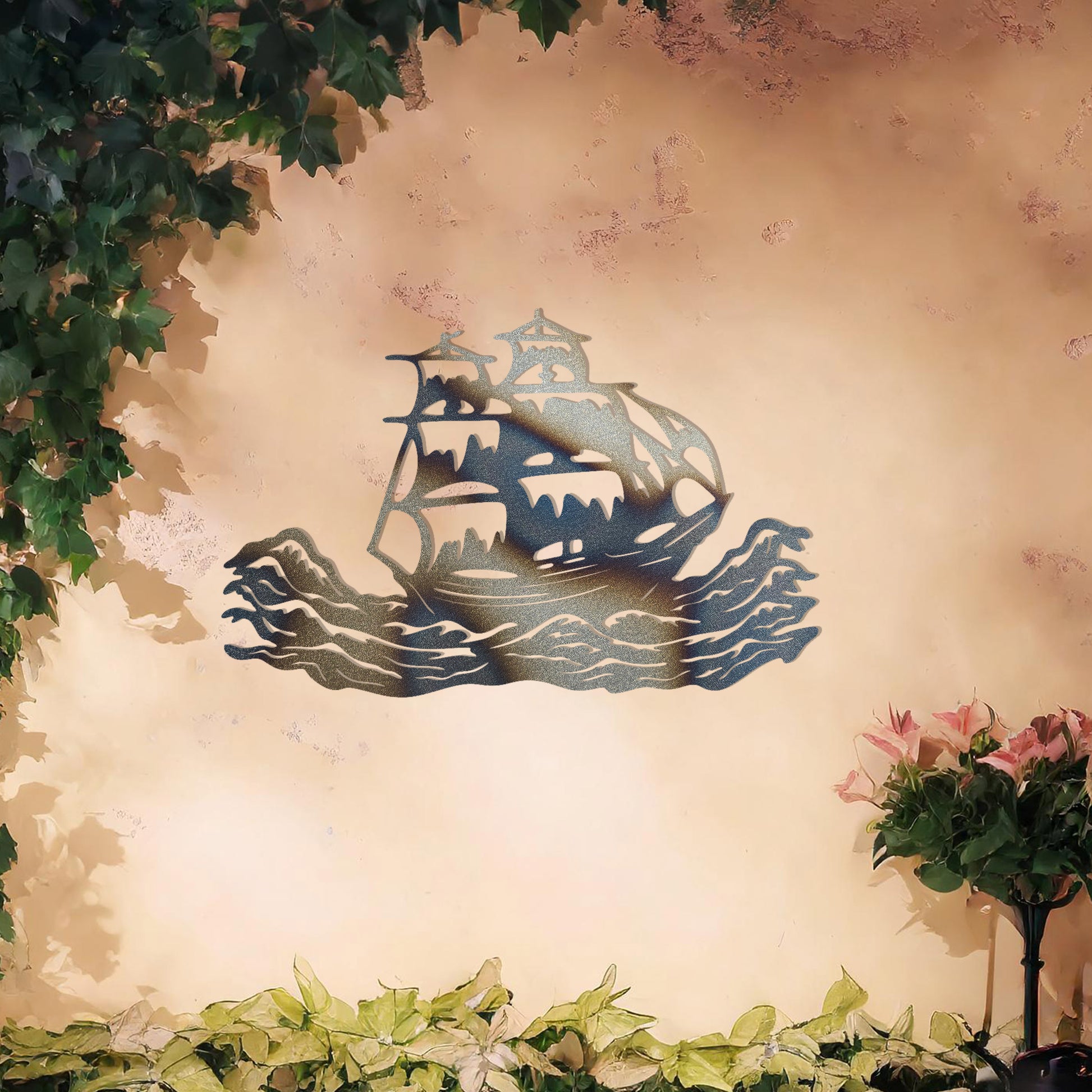 This design features an elegant silhouette of a sailing ship braving dynamic ocean waves, capturing a sense of adventure and exploration. The intricate details of the ship's sails and rigging make it a striking and timeless piece of decor.