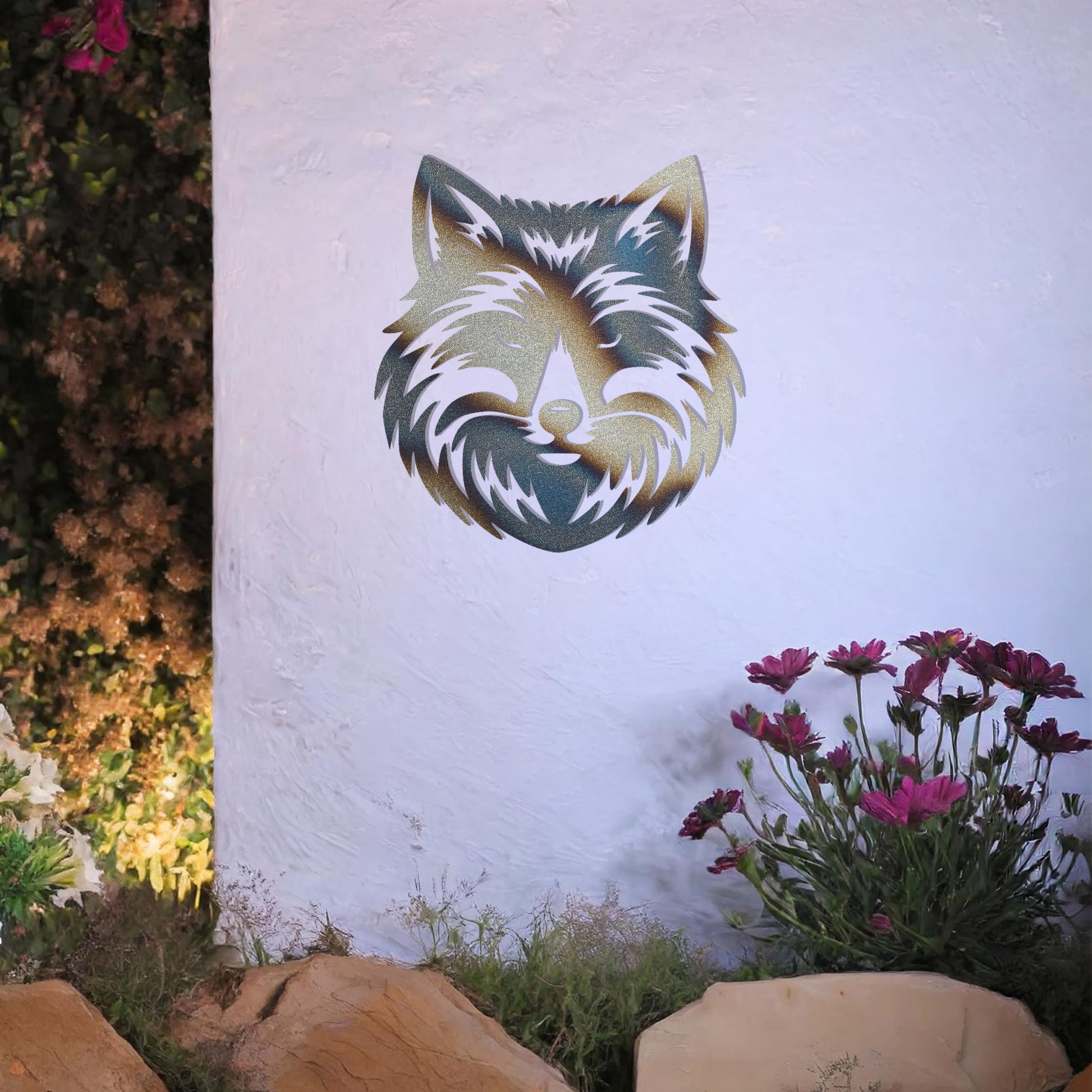 A stylized, intricately designed fox head, showcasing sharp features and detailed fur patterns. The design emphasizes the sleek, pointed ears, piercing eyes, and expressive face, with dynamic lines and shapes highlighting the texture of the fur. 