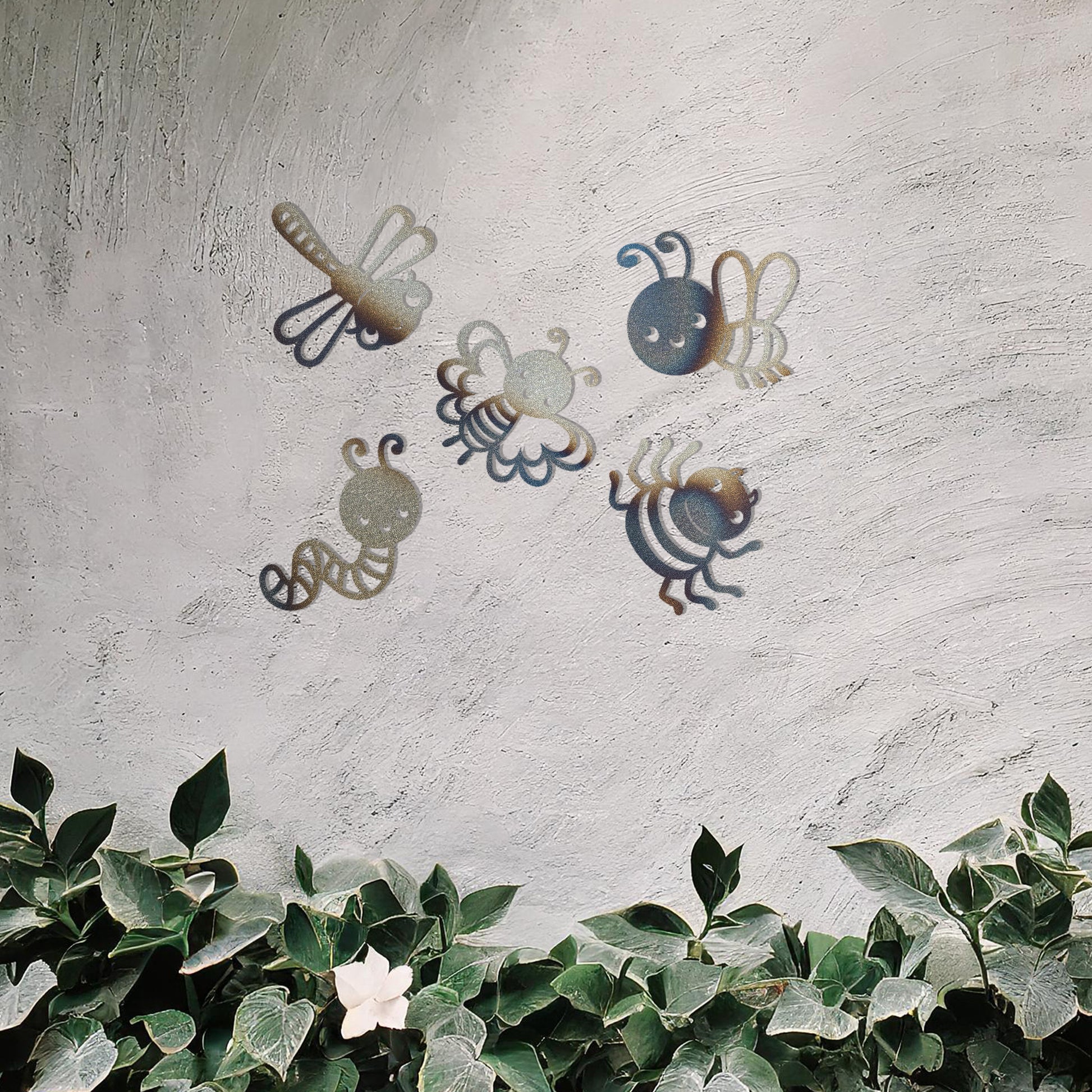 This delightful design set features a collection of cute insects, including a dragonfly, butterfly, bee, caterpillar, and spider, each crafted with whimsical details and playful expressions. Perfect for adding a cheerful, nature-inspired touch to any space.