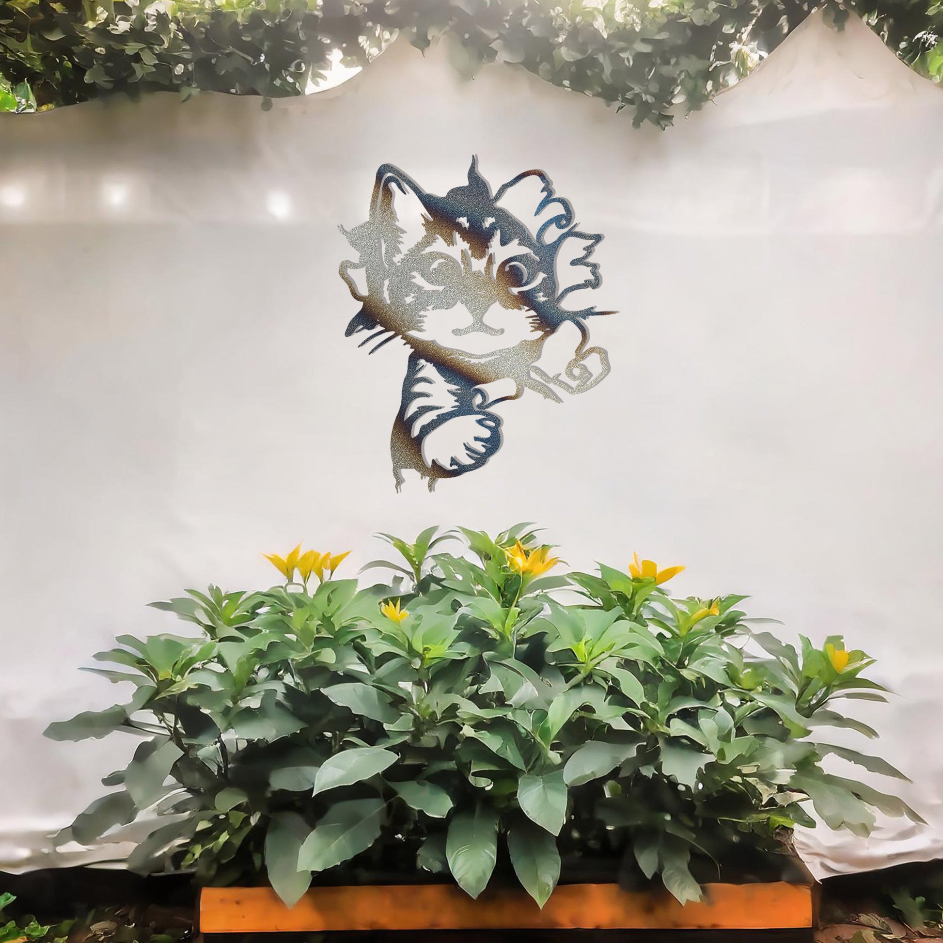 This image showcases a charming metal wall art design of a kitten peeking out from a tear in the wall. The cat's playful and curious expression adds a sense of warmth and whimsy, making it a delightful addition to any space, especially for animal lovers.