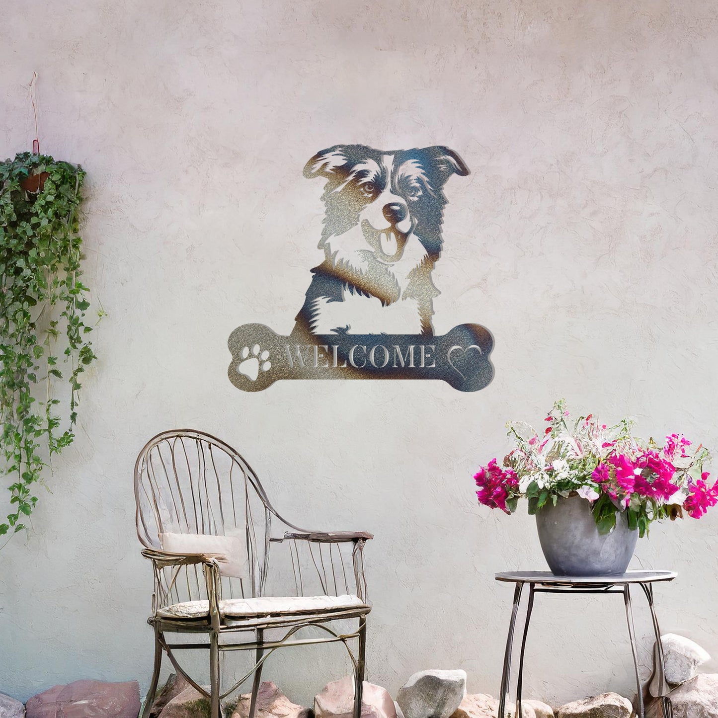 Metal Border Collie dog design with a bone-shaped 'WELCOME' text and paw prints, perfect for adding a friendly and welcoming touch to entryways or outdoor spaces.