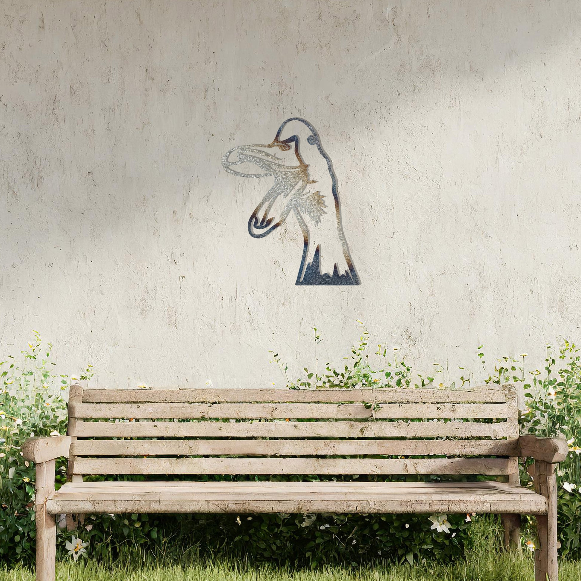 A quirky metal wall art of a duck with an open beak, showcasing playful and artistic detail. This unique design adds a touch of humor and charm to any modern setting, surrounded by greenery and soft floral accents.