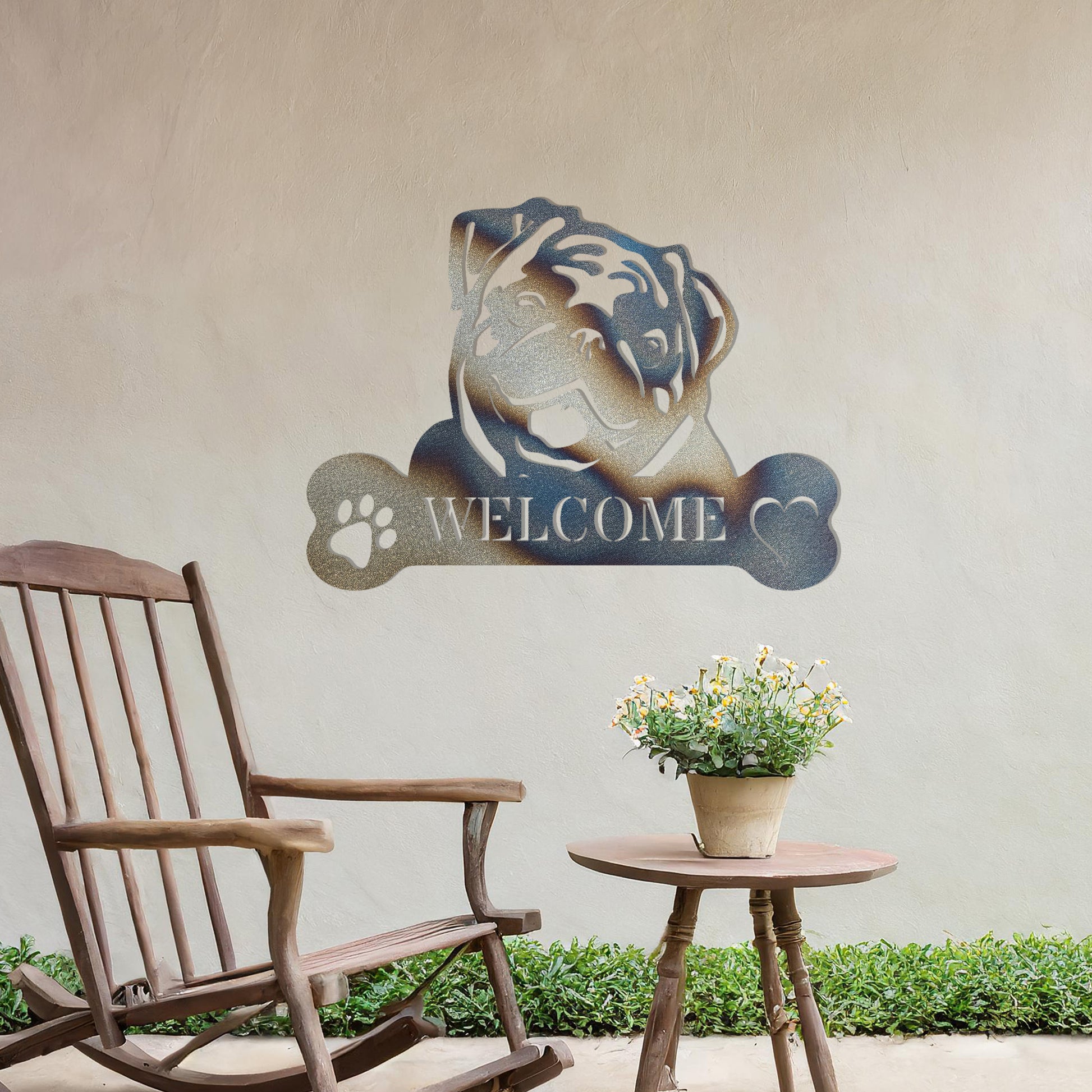 Metal Pug dog design with a bone-shaped 'WELCOME' text and paw prints, perfect for adding a friendly and welcoming touch to entryways or outdoor spaces.