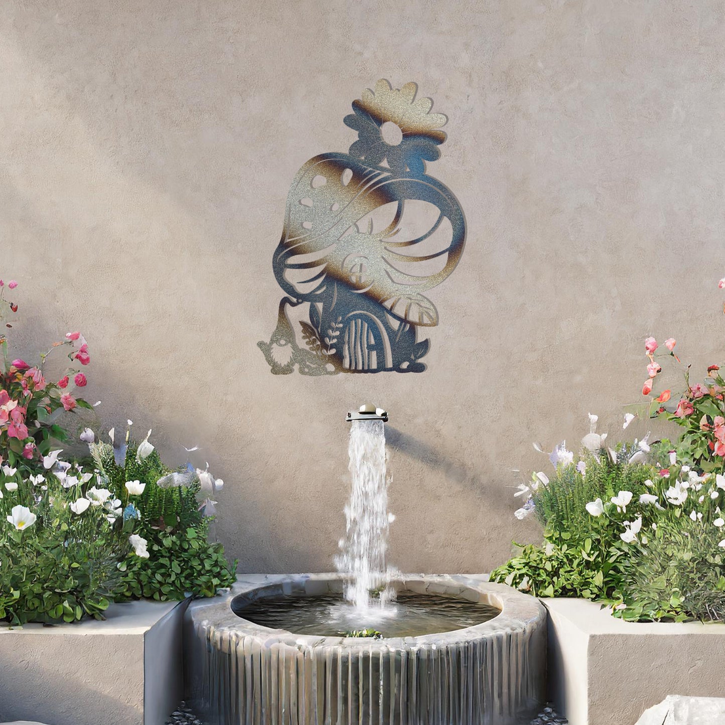 Metal garden decoration featuring a whimsical mushroom house adorned with floral and foliage details, crafted with intricate patterns, adding an enchanting and playful touch to outdoor or indoor spaces.