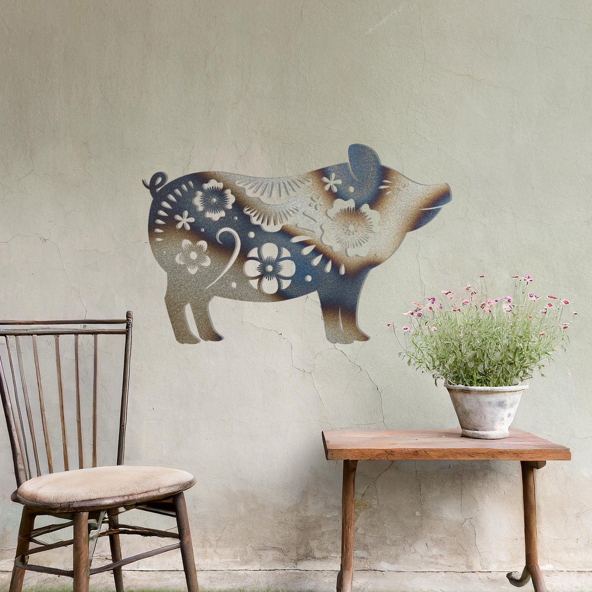 This design features a charming pig silhouette adorned with delicate floral patterns and intricate decorative details. The whimsical style of the artwork makes it a delightful addition to spaces looking for a playful yet artistic element. Perfect for rustic or countryside-inspired settings.