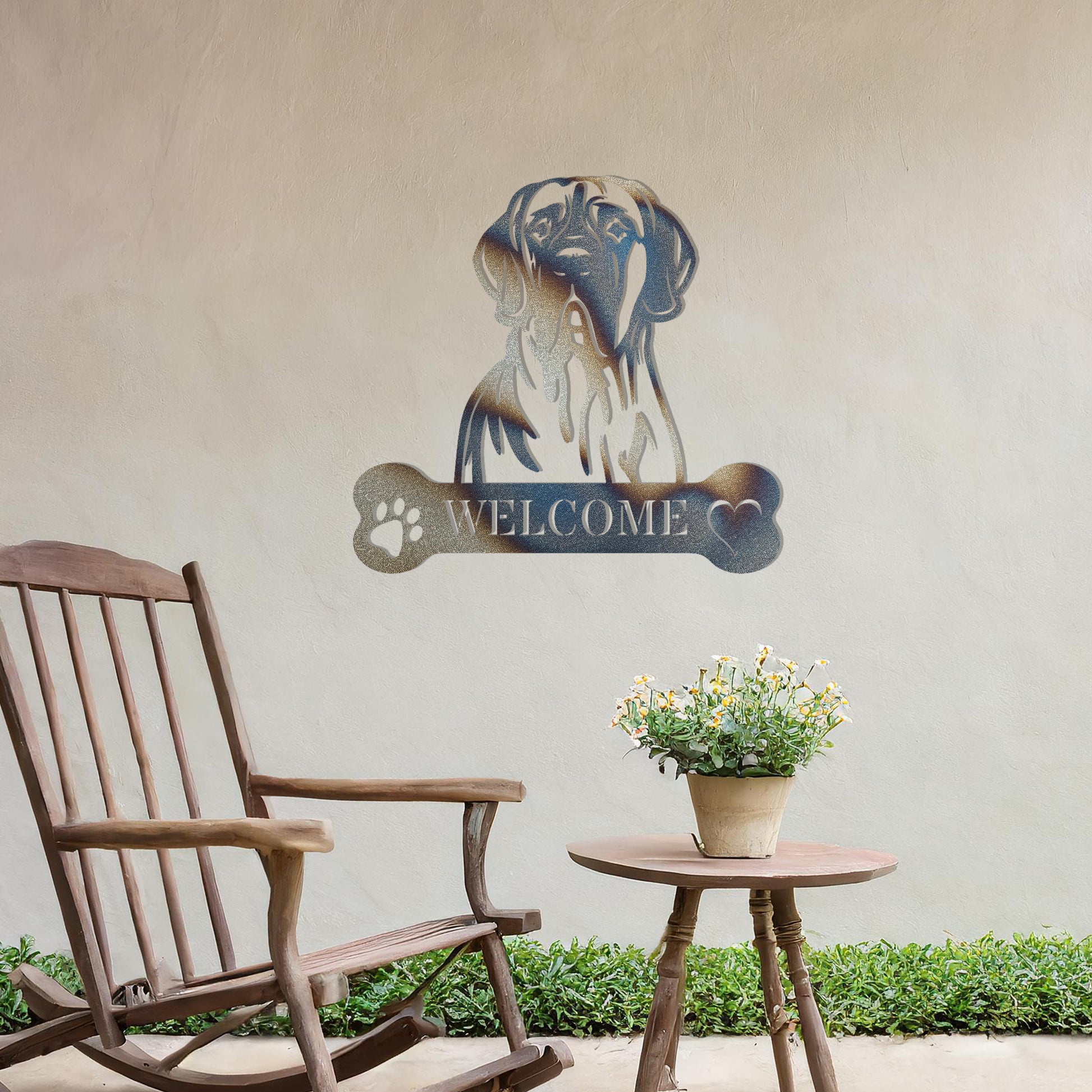 Metal Great Dane dog design with a bone-shaped 'WELCOME' text and paw prints, perfect for adding a noble and welcoming touch to entryways or outdoor spaces.