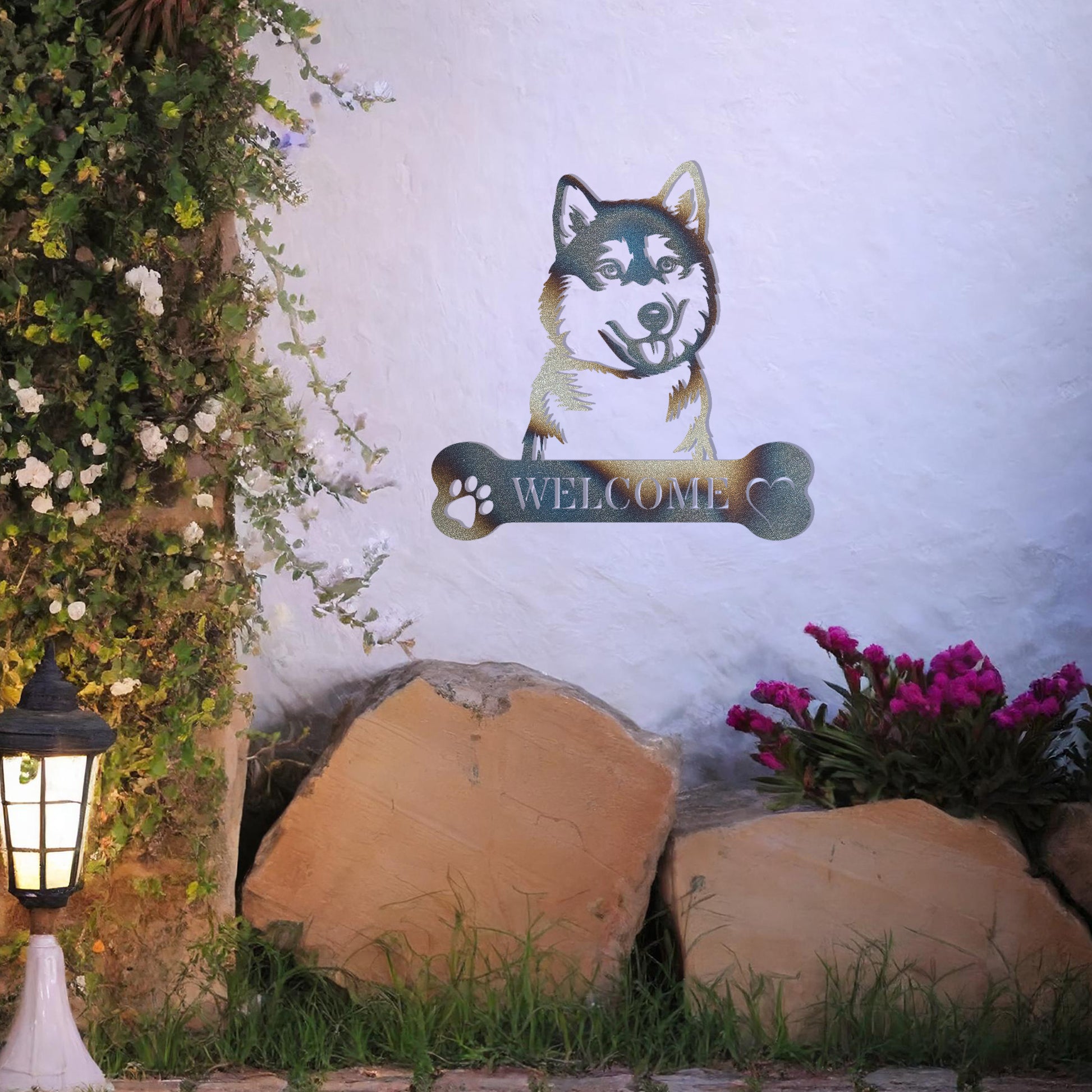 Metal Siberian Husky dog design with a bone-shaped 'WELCOME' text and paw prints, perfect for adding a friendly and welcoming touch to entryways or outdoor spaces.