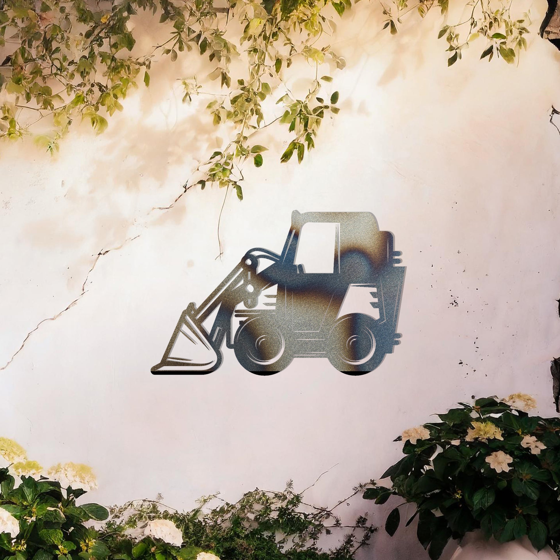 This design highlights a construction vehicle silhouette, featuring a detailed depiction of a backhoe loader with clear lines and bold shapes. Perfect for adding a rugged, industrial charm to a space or as a unique gift for heavy machinery enthusiasts.