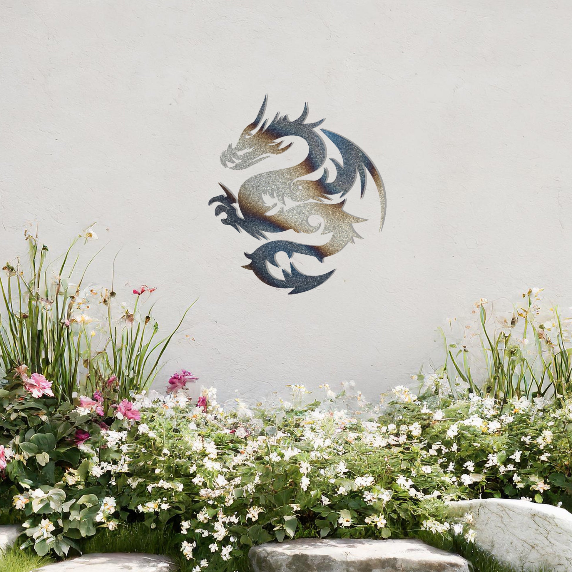 A bold metal wall art design featuring a stylised dragon in a dynamic pose, showcasing intricate curves and sharp details that capture its fierce and mythical essence.