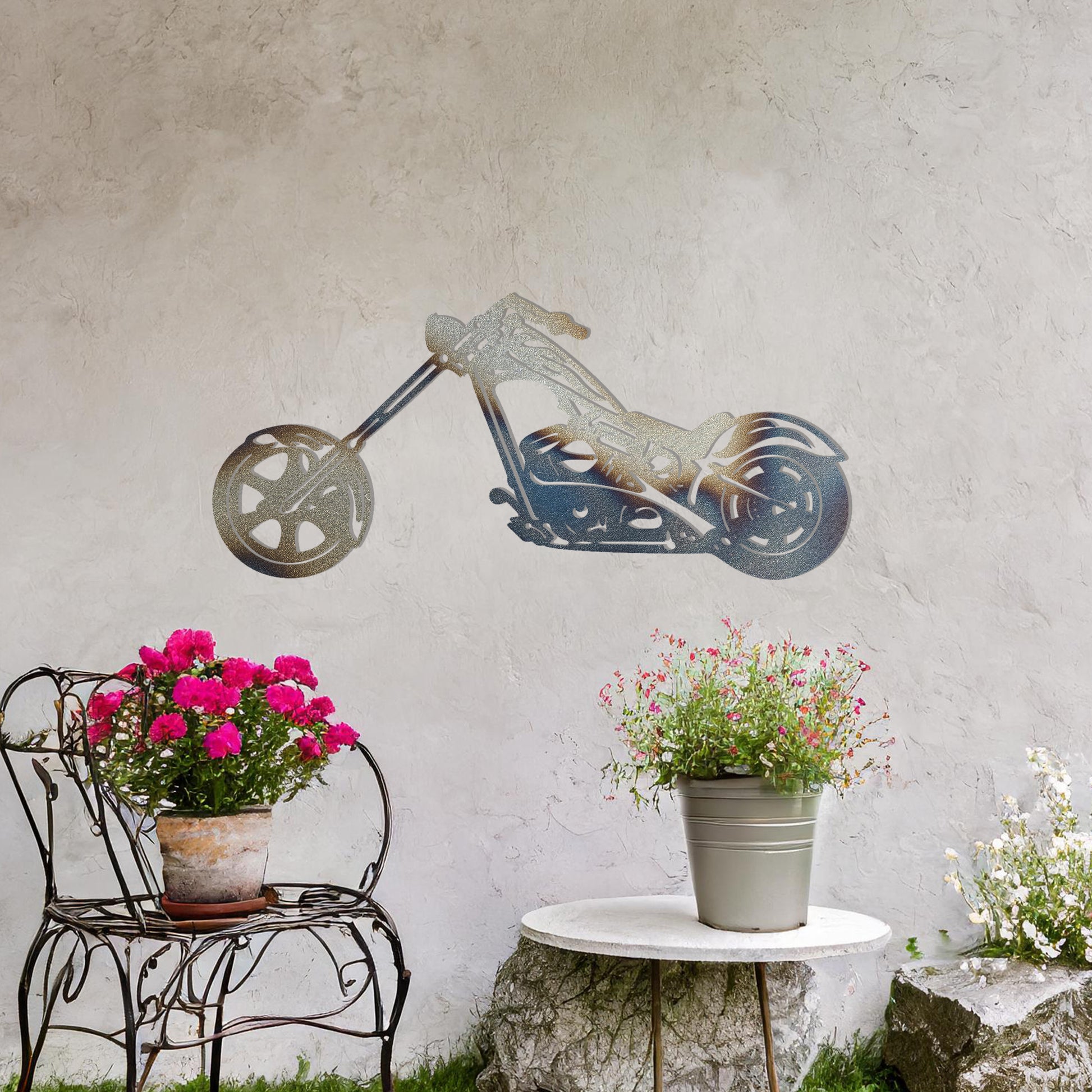 This design features a sleek and detailed silhouette of a chopper motorcycle, highlighting its distinct long handlebars and low frame. A bold and stylish piece of wall art, perfect for motorbike enthusiasts or adding a rugged vibe to any space.