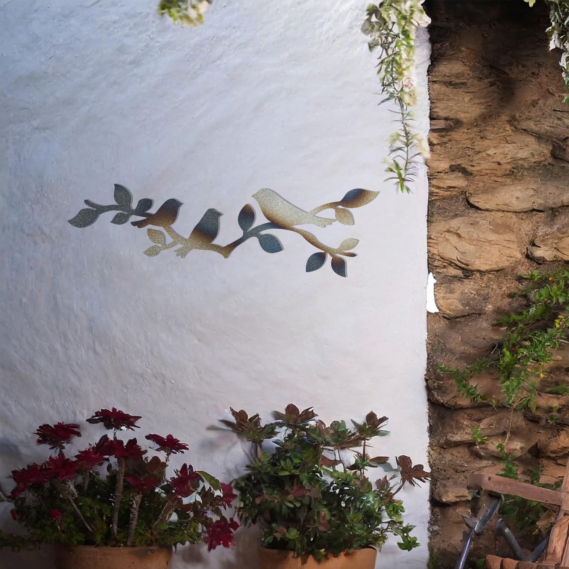 This design features a group of birds perched gracefully on a leafy branch, creating a serene and natural aesthetic. The intricate silhouettes of the birds and leaves make this artwork ideal for adding a touch of nature-inspired elegance to any wall.