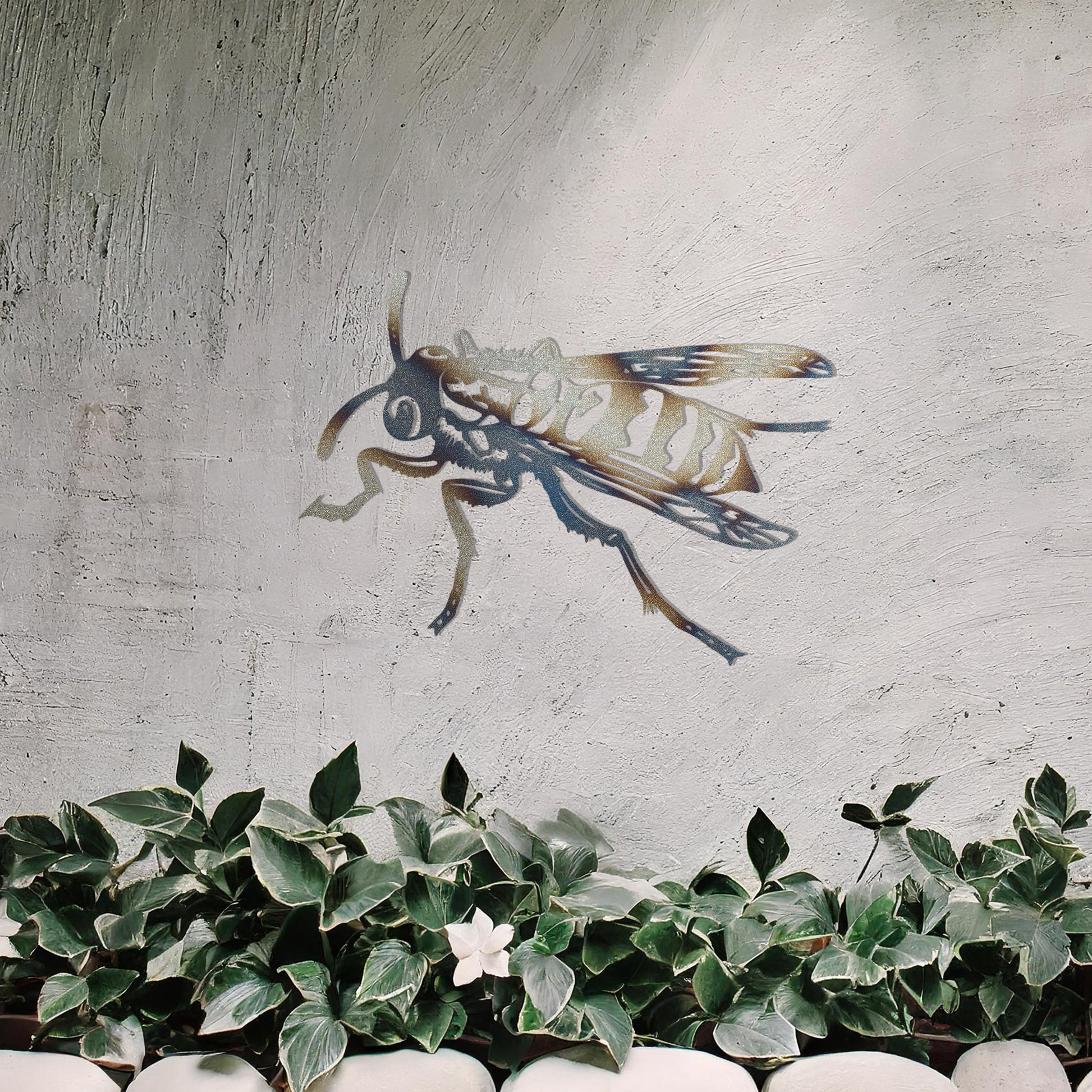 The design features a highly detailed wasp in mid-flight, showcasing intricate lines and patterns on its body and wings. The artwork is displayed above a tranquil water feature, highlighting the insect’s dynamic form.