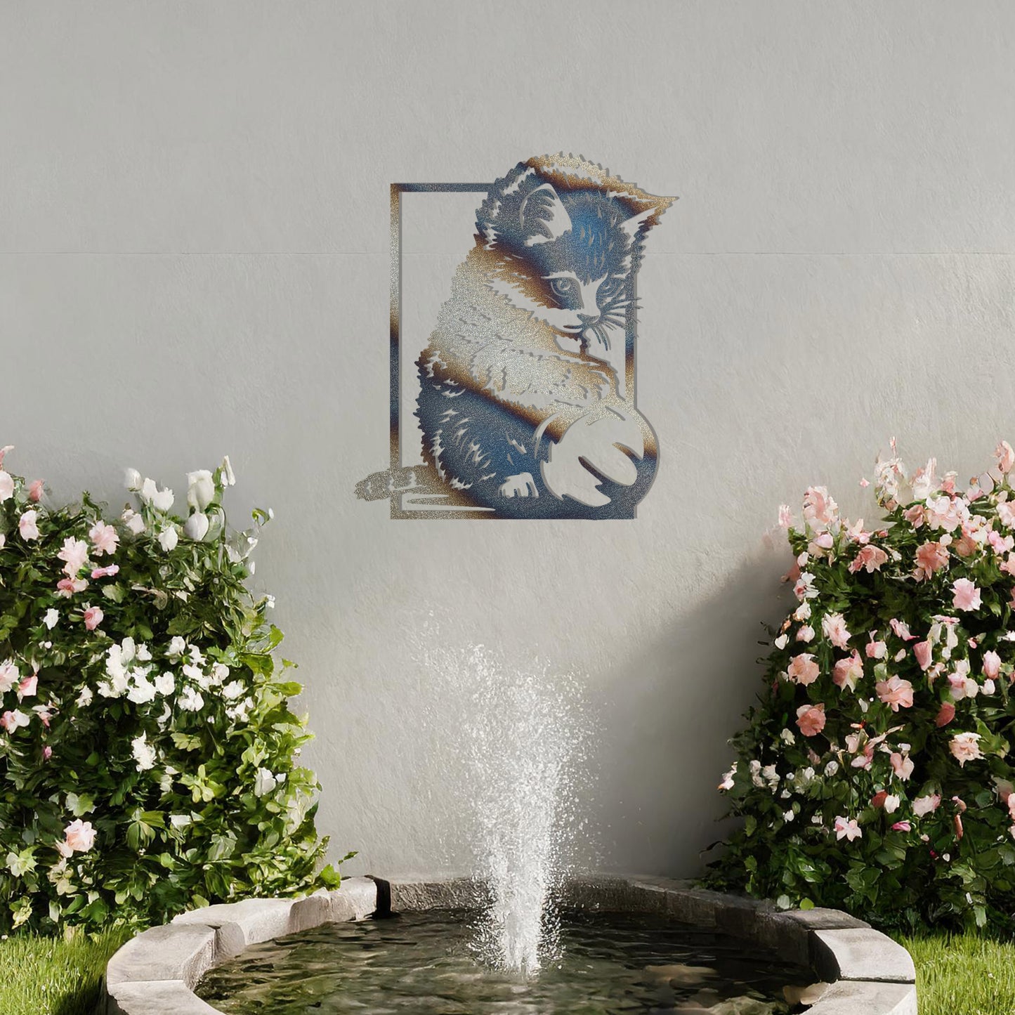 This is a cute metal wall art design featuring a playful kitten sitting and playing with a ball. The design captures the cat's natural curiosity and playful spirit, making it a perfect addition for cat lovers or for adding a touch of whimsy to a space