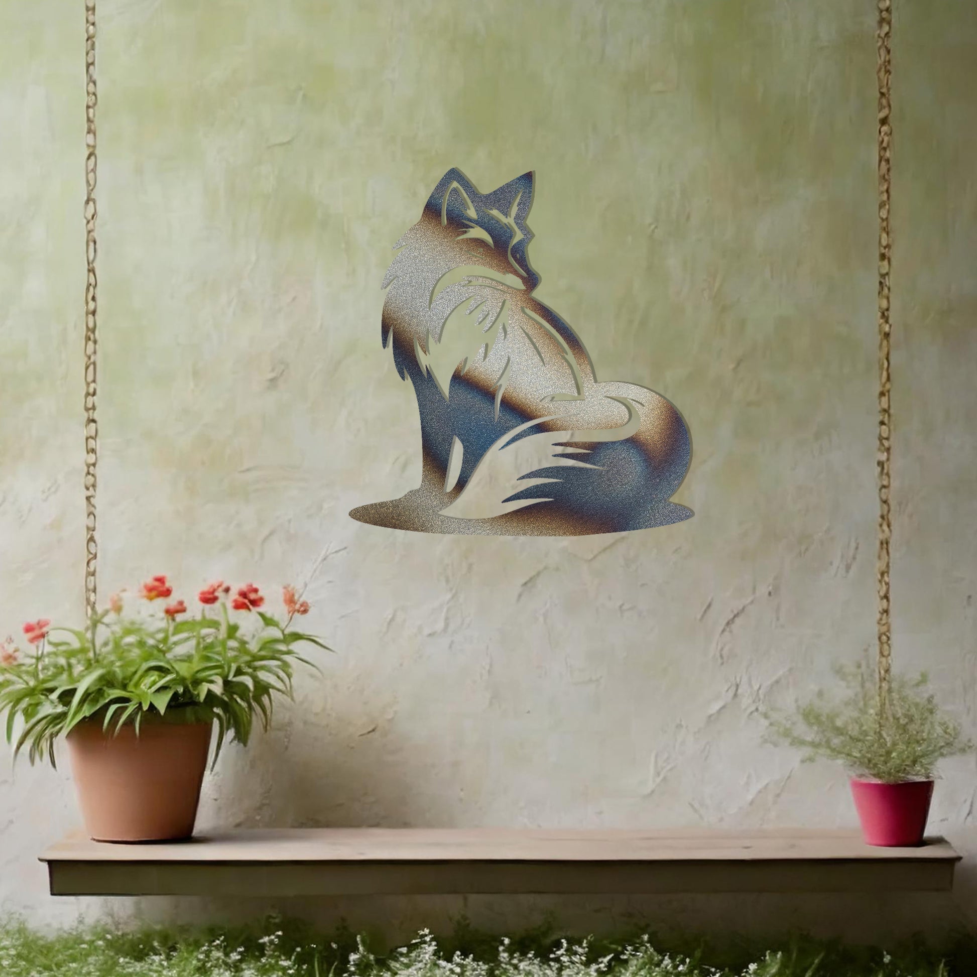 This metal wall art design depicts a sitting fox, elegantly turned to the side, showcasing its bushy tail and graceful silhouette. The minimalist yet detailed cutout enhances the fox's serene and poised demeanor, adding a touch of sophistication to any space.