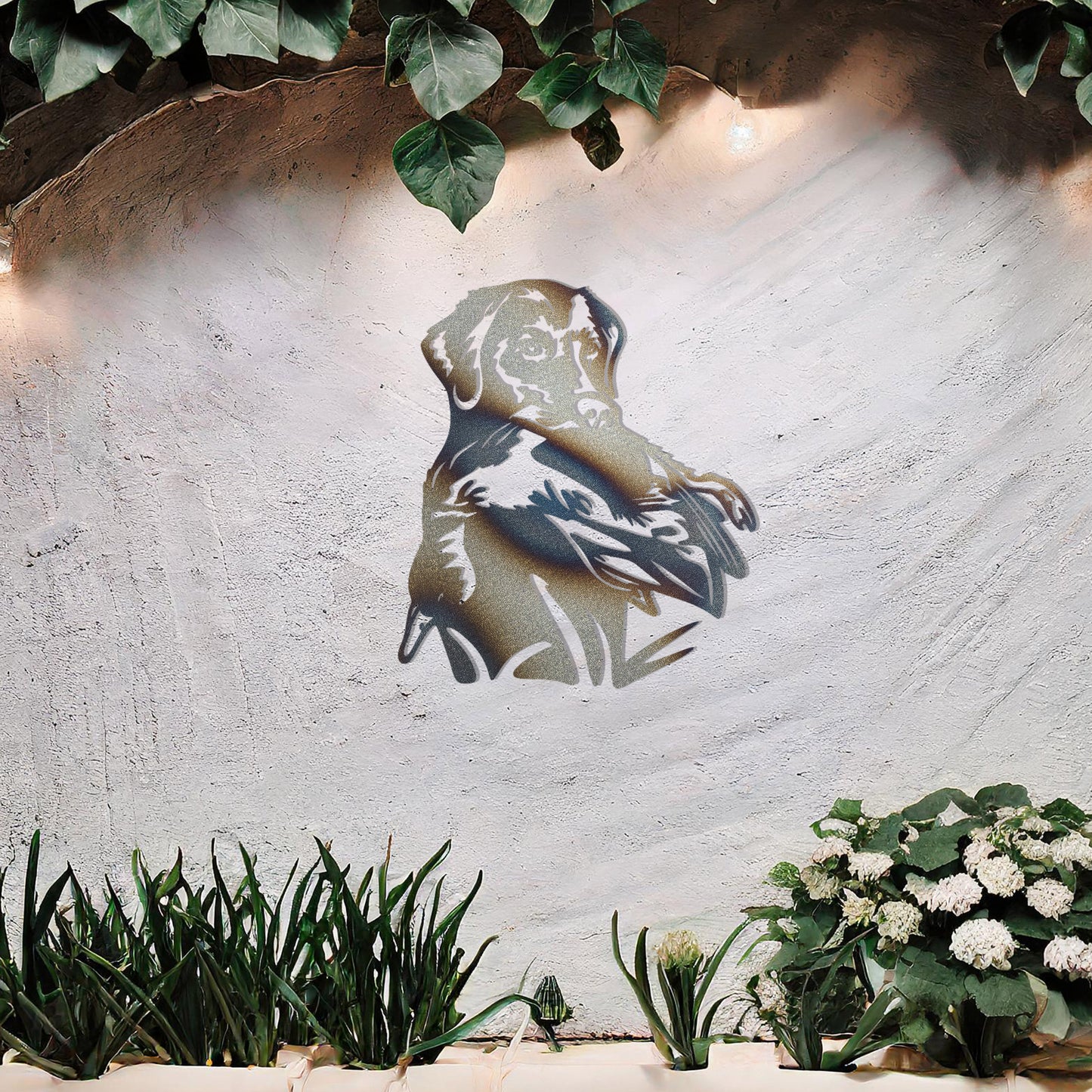 This image features a beautifully detailed metal wall art design of a dog holding a bird in its mouth. The elegant lines capture the dog’s focused expression and the movement of the bird, ideal for pet lovers or those who appreciate wildlife and animals in art.