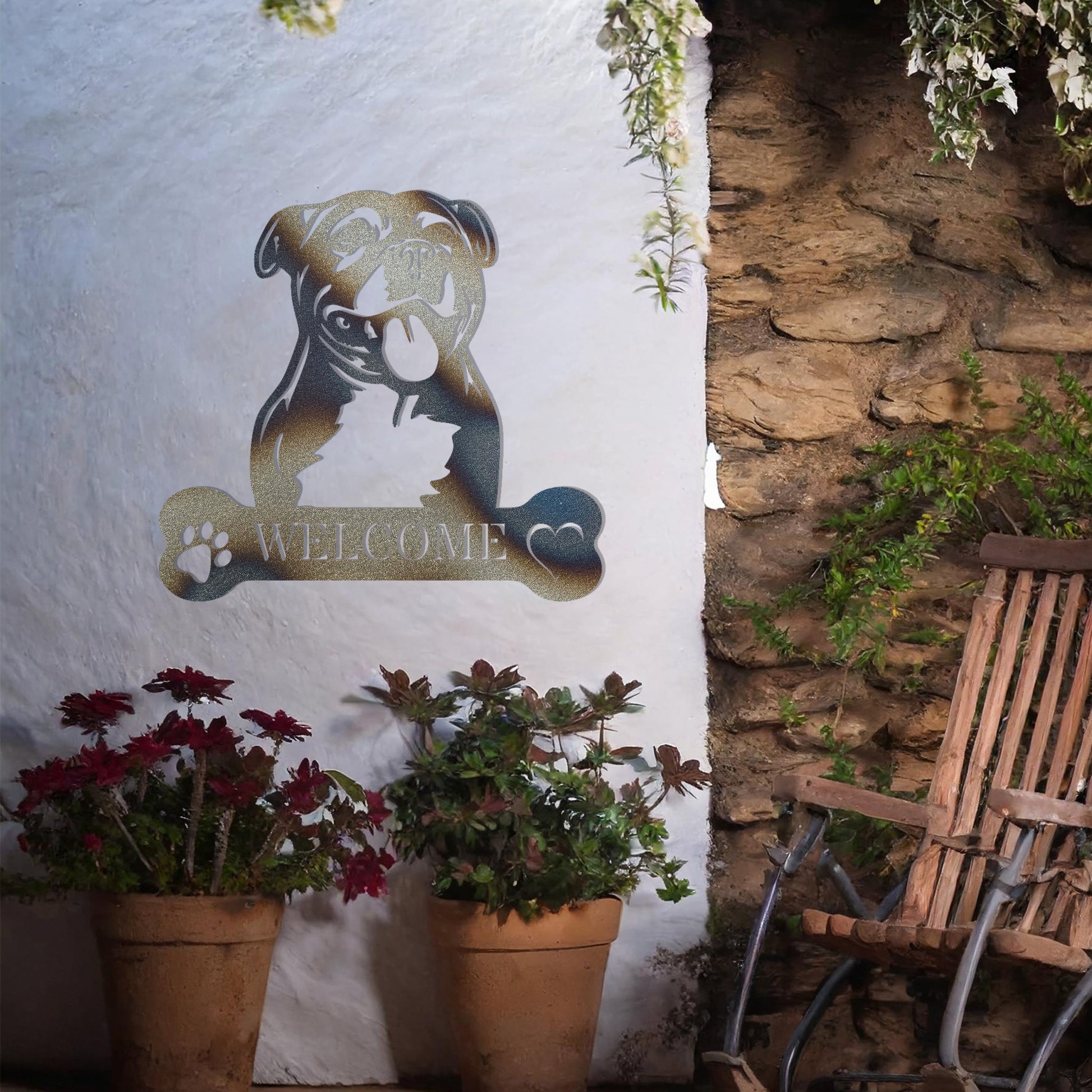 Metal Staff Bull Terrier dog design with a bone-shaped 'WELCOME' text and paw prints, perfect for adding a strong, welcoming touch to entryways or outdoor spaces.