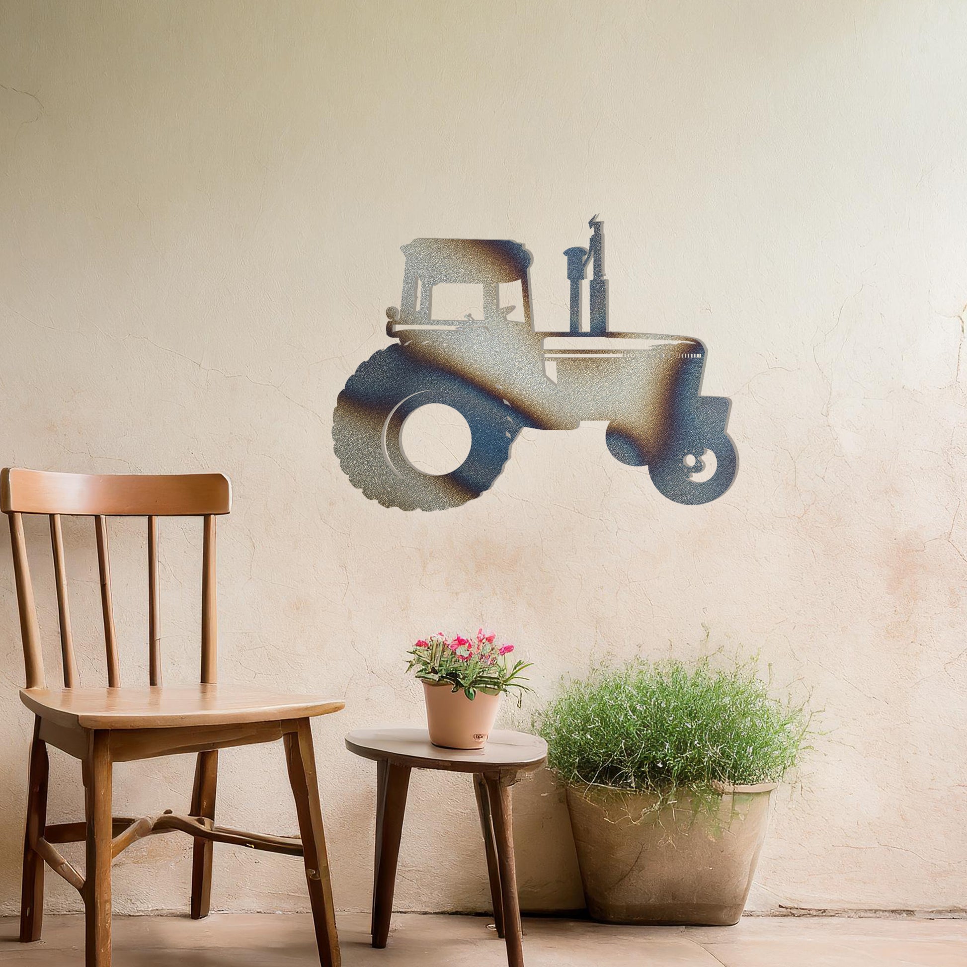 This is a silhouette-style metal wall art design featuring a classic tractor. Perfect for agriculture enthusiasts or as rustic decor for homes or gardens, it adds a touch of countryside charm to any setting.