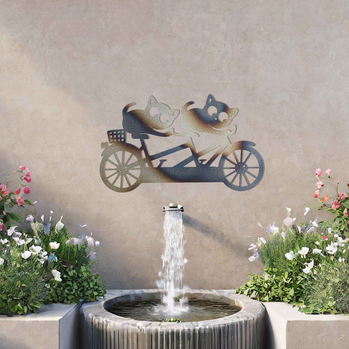 A charming metal wall art design depicting two playful cats riding a tandem bicycle, capturing a whimsical and fun moment with intricate details of the bike and expressive cat figures.
